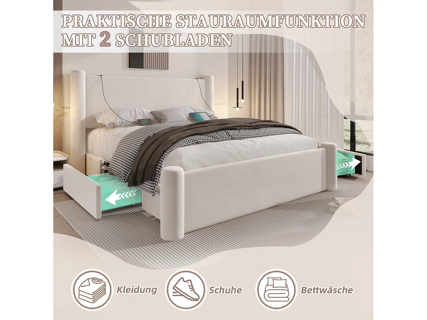 Lit rembourré moderne - 140 x 200 cm - tête de lit épaissé + 2 tiroirs + ports USB - velours - beige