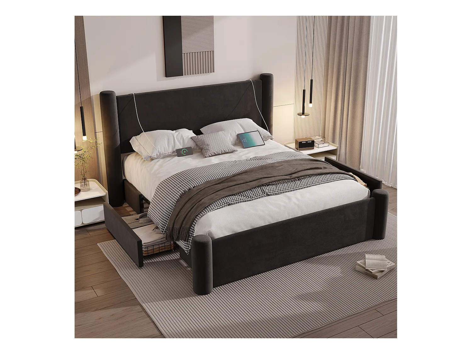 Lit rembourré moderne - 140 x 200 cm - tête de lit épaissé + 2 tiroirs + ports USB - velours - noir