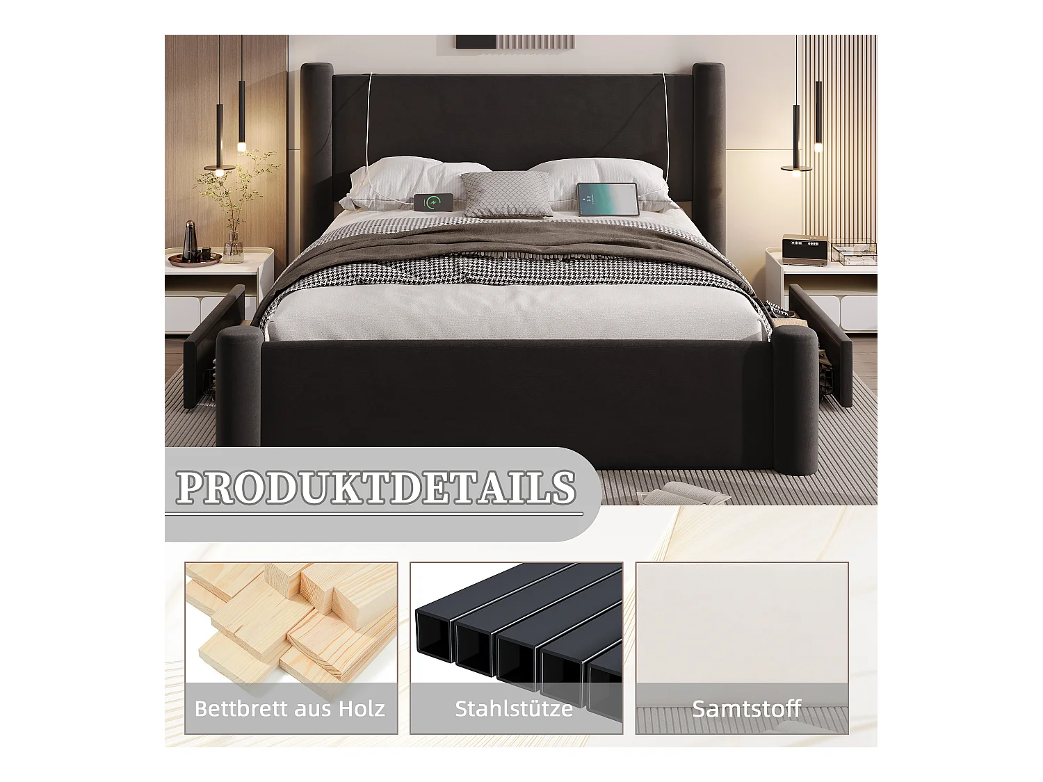 Lit rembourré moderne - 140 x 200 cm - tête de lit épaissé + 2 tiroirs + ports USB - velours - noir