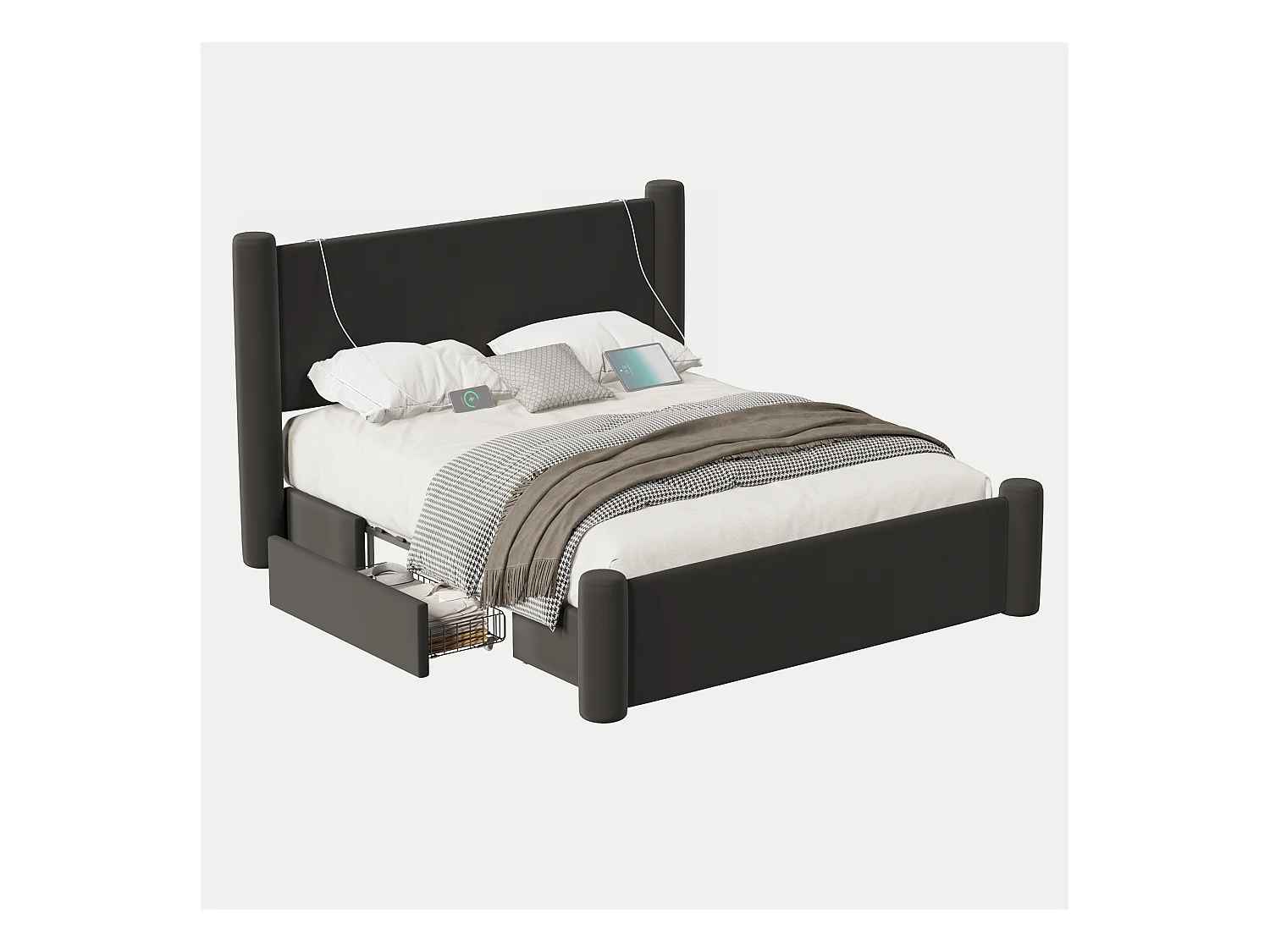 Lit rembourré moderne - 140 x 200 cm - tête de lit épaissé + 2 tiroirs + ports USB - velours - noir