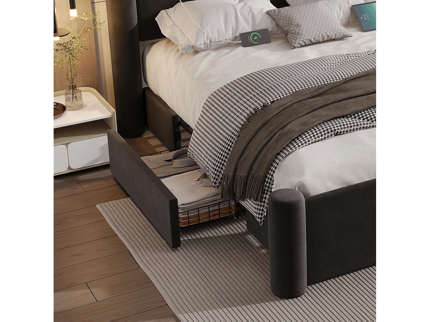 Lit rembourré moderne - 140 x 200 cm - tête de lit épaissé + 2 tiroirs + ports USB - velours - noir