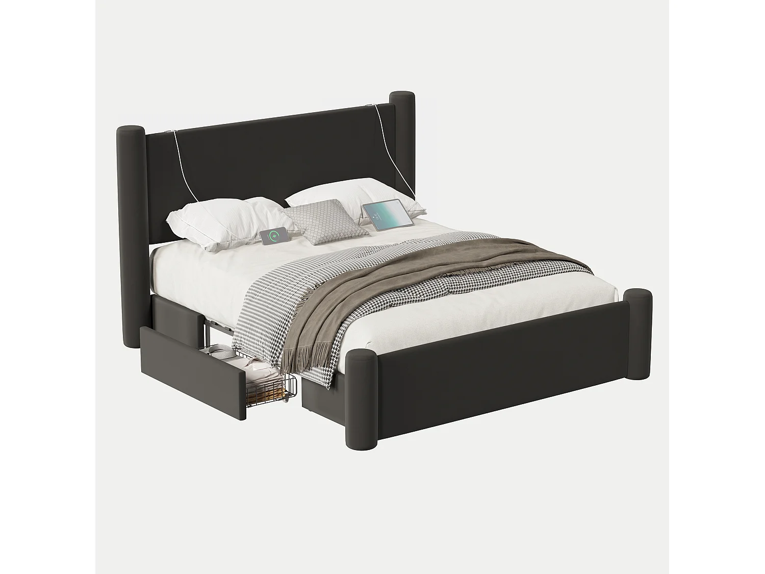 Lit rembourré moderne - 140 x 200 cm - tête de lit épaissé + 2 tiroirs + ports USB - velours - noir