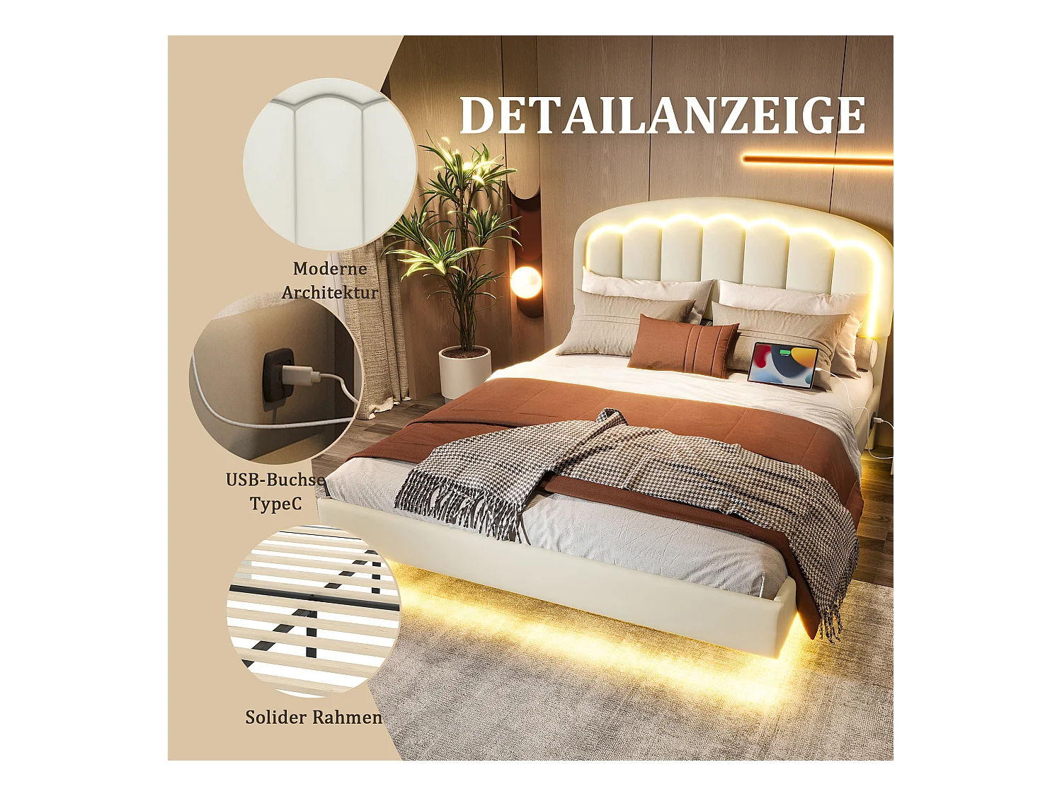 Lit double moderne - 140 x 200 cm - avec tête de lit pétale + Leds - cuir PU - blanc