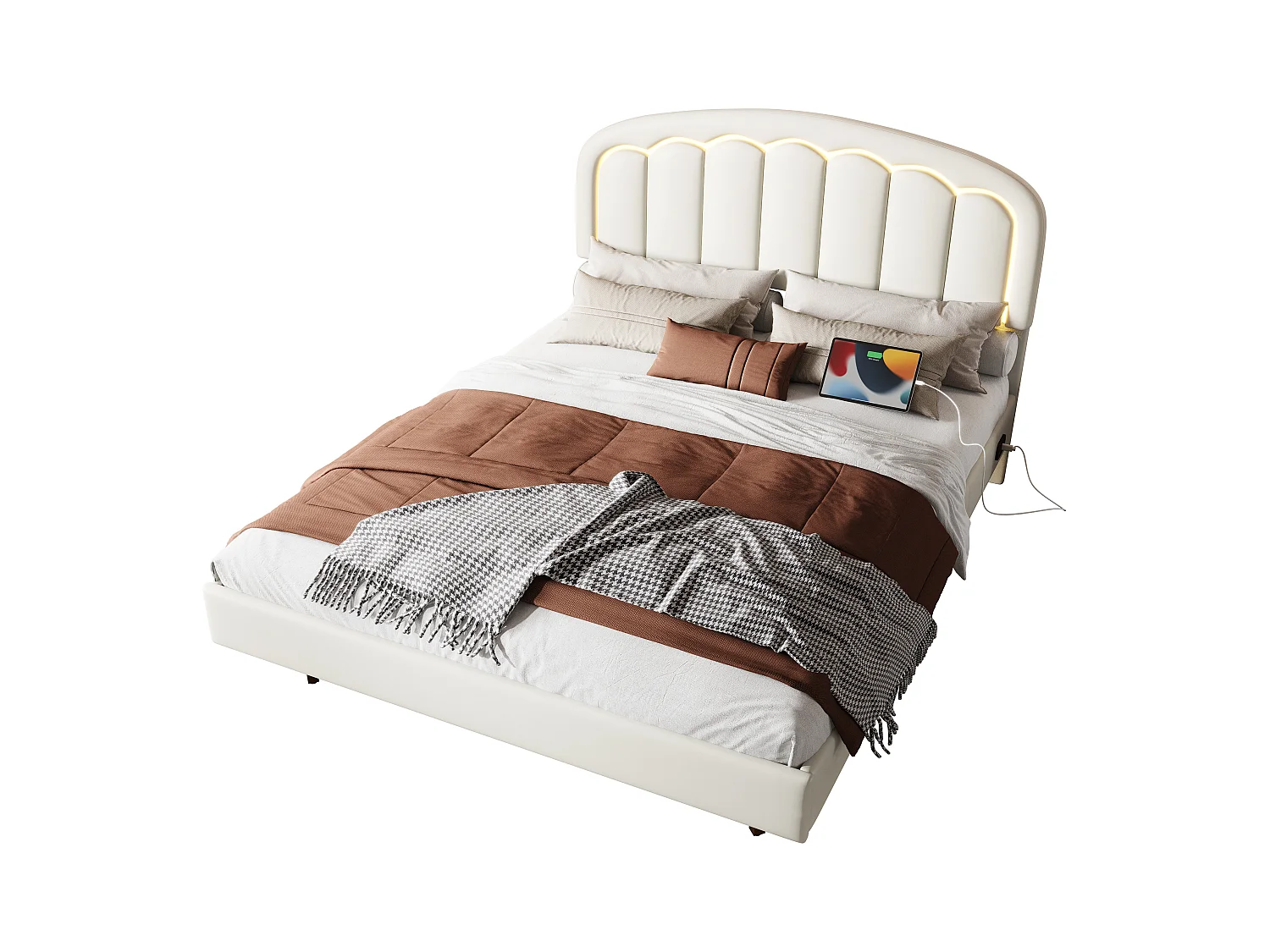 Lit double moderne - 140 x 200 cm - avec tête de lit pétale + Leds - cuir PU - blanc