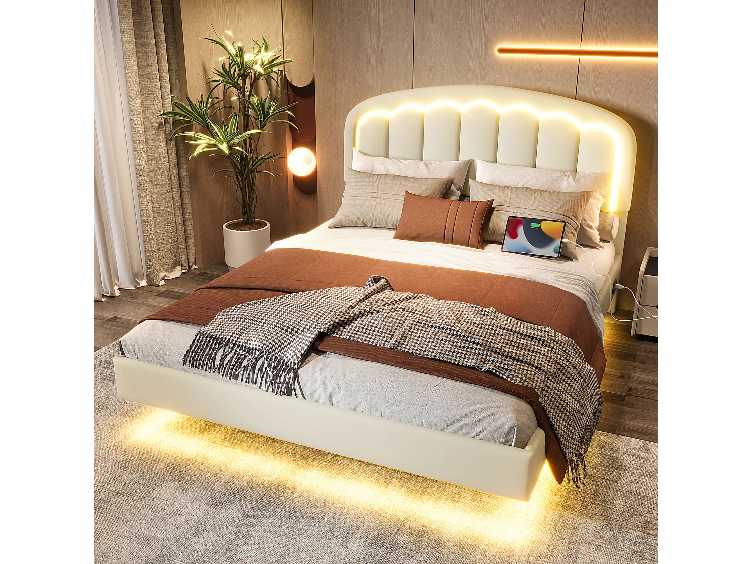 Cama doble moderna - 140 x 200 cm - con cabecero de pétalos + LED - Piel sintética - color blanco