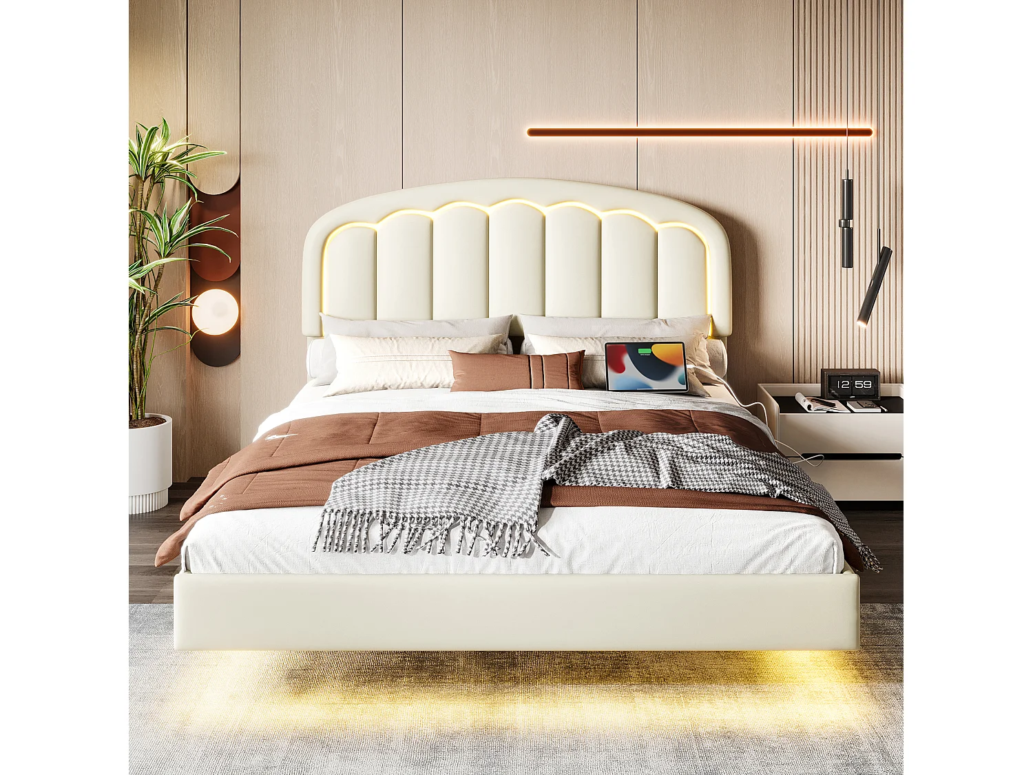 Cama doble moderna - 140 x 200 cm - con cabecero de pétalos + LED - Piel sintética - color blanco