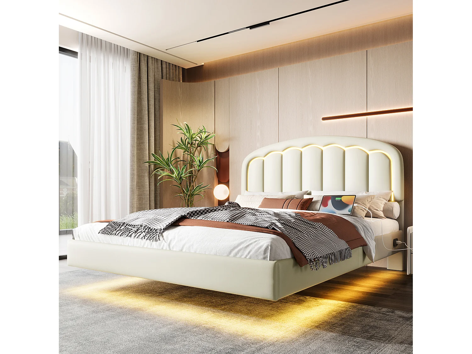 Cama doble moderna - 140 x 200 cm - con cabecero de pétalos + LED - Piel sintética - color blanco