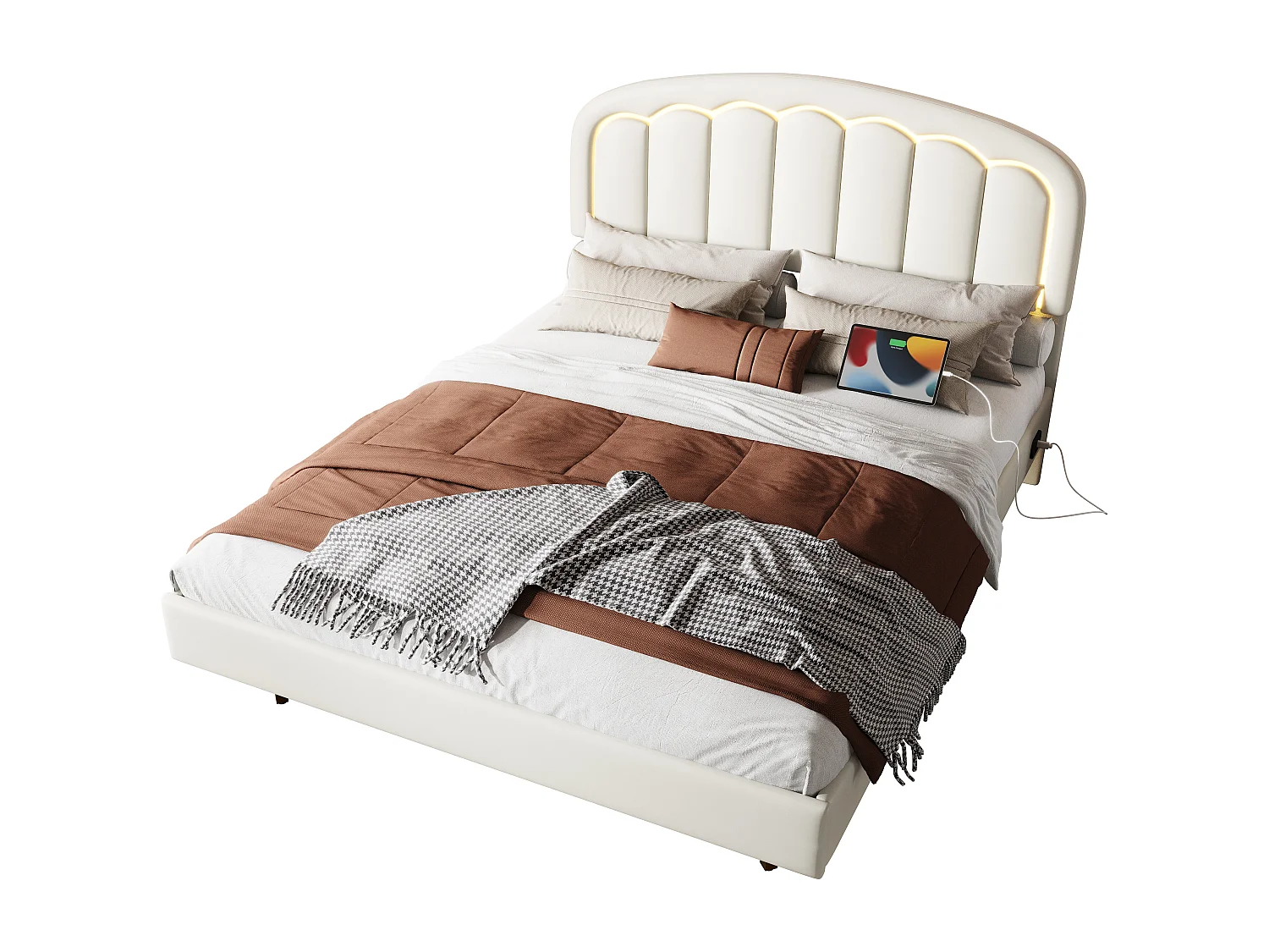 Cama doble moderna - 140 x 200 cm - con cabecero de pétalos + LED - Piel sintética - color blanco