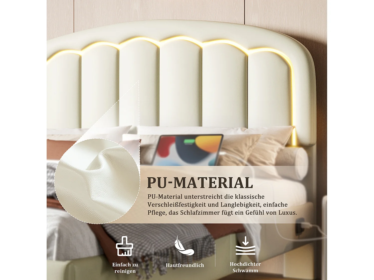 Cama doble moderna - 140 x 200 cm - con cabecero de pétalos + LED - Piel sintética - color blanco