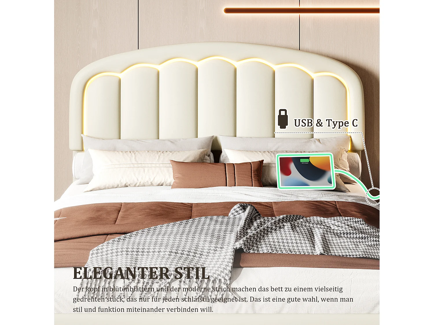 Cama doble moderna - 140 x 200 cm - con cabecero de pétalos + LED - Piel sintética - color blanco