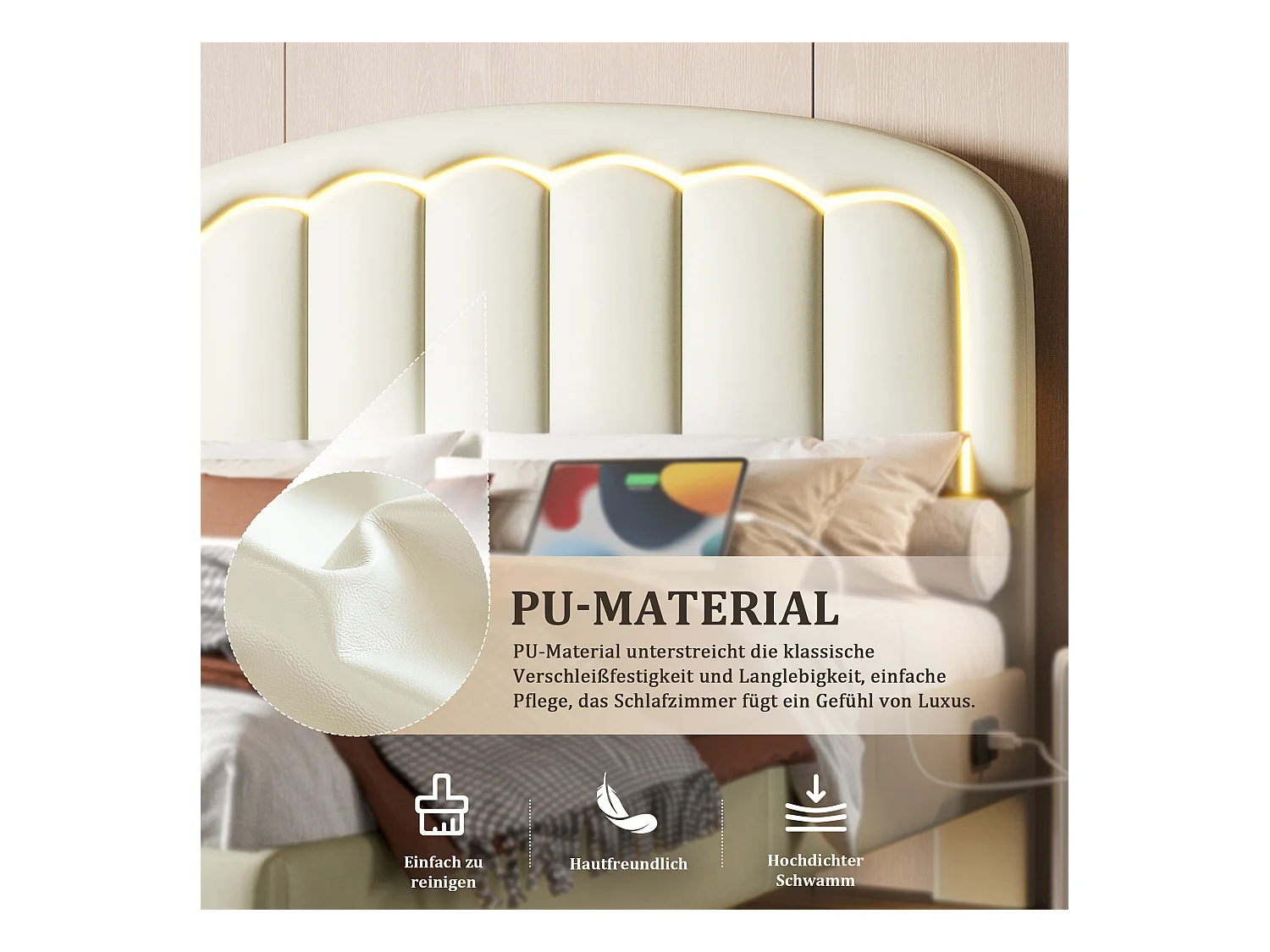 Lit double moderne - 160 x 200 cm - avec tête de lit pétale + Leds - cuir PU - blanc