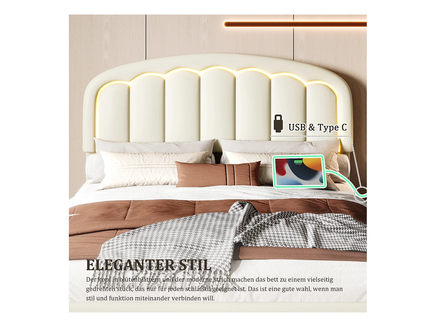 Lit double moderne - 160 x 200 cm - avec tête de lit pétale + Leds - cuir PU - blanc