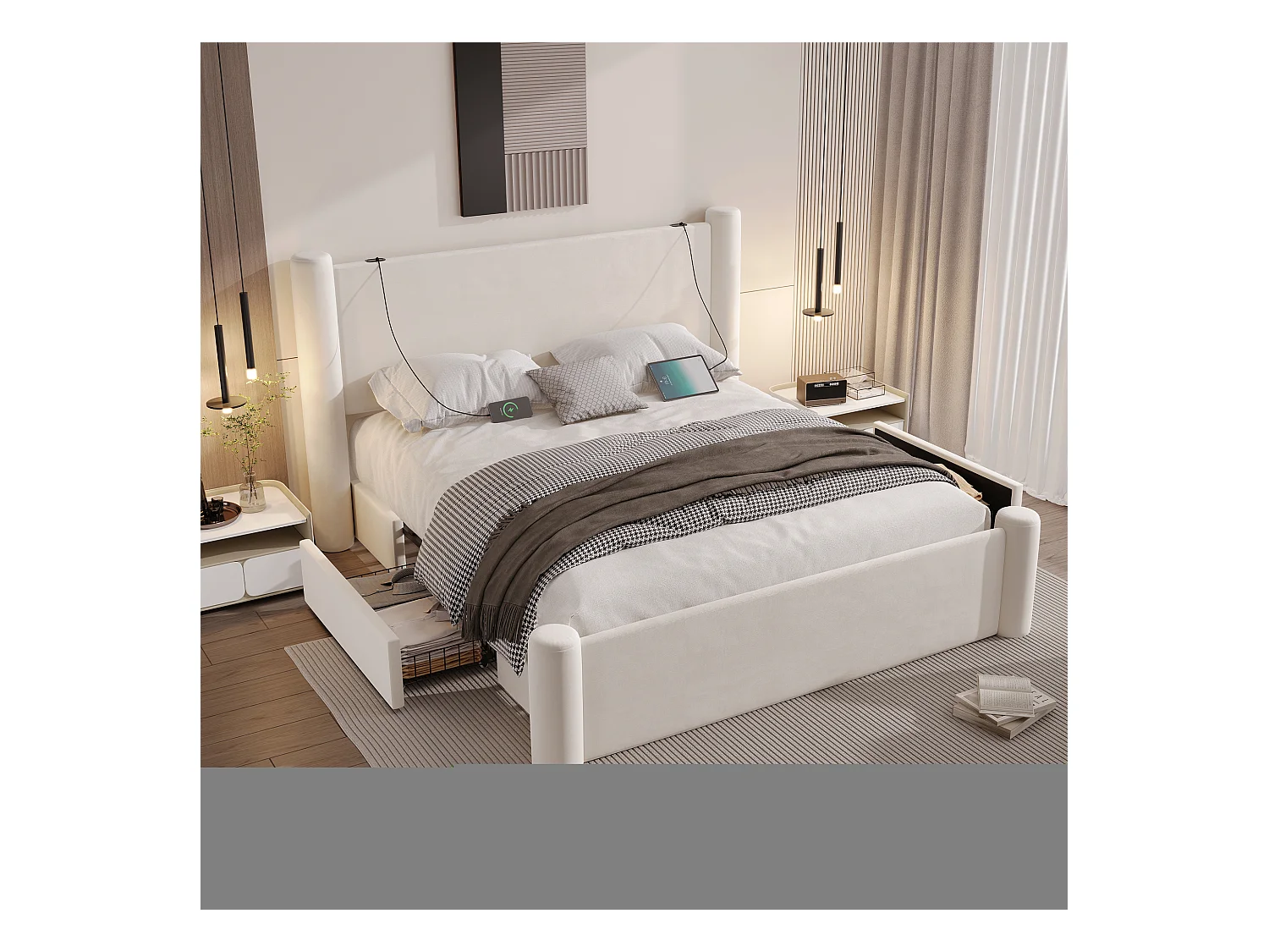 Modern gestoffeerd bed - 160 x 200 cm - dik hoofdbord + 2 lades + USB-poorten - fluweel - beige