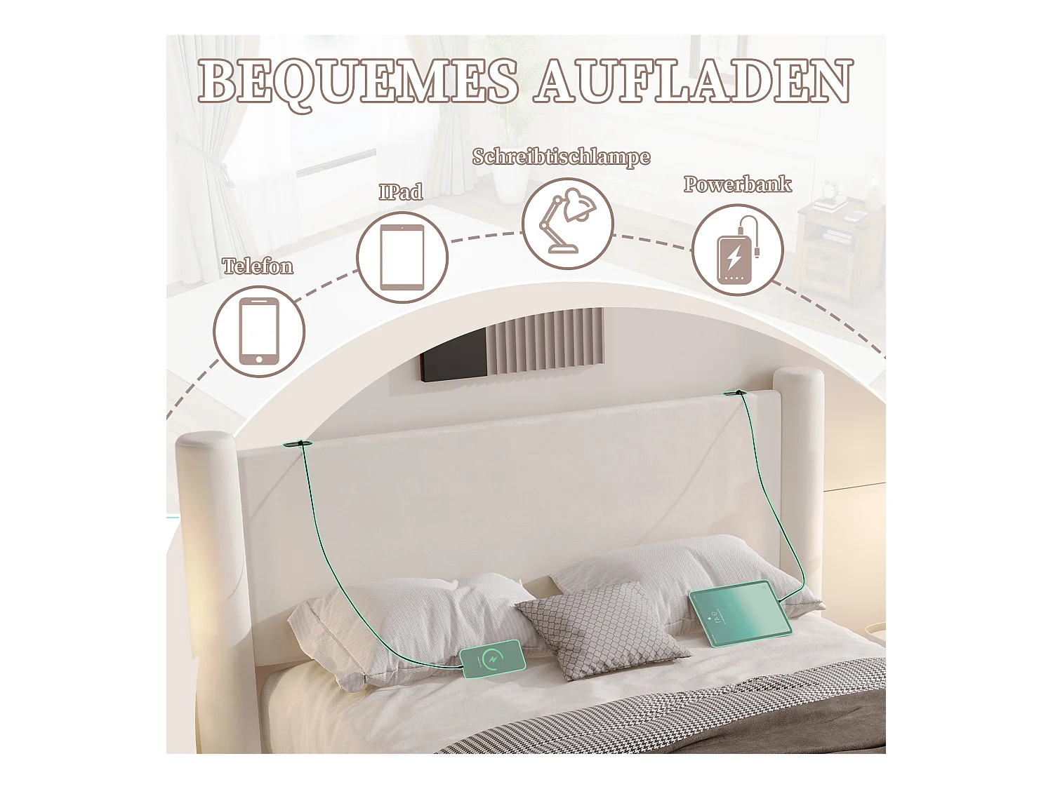 Lit rembourré moderne - 160 x 200 cm - tête de lit épaissé + 2 tiroirs + ports USB - velours - beige
