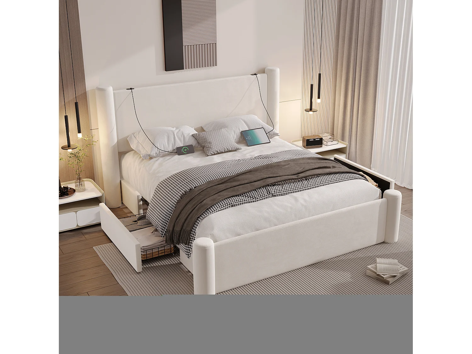 Lit rembourré moderne - 160 x 200 cm - tête de lit épaissé + 2 tiroirs + ports USB - velours - beige