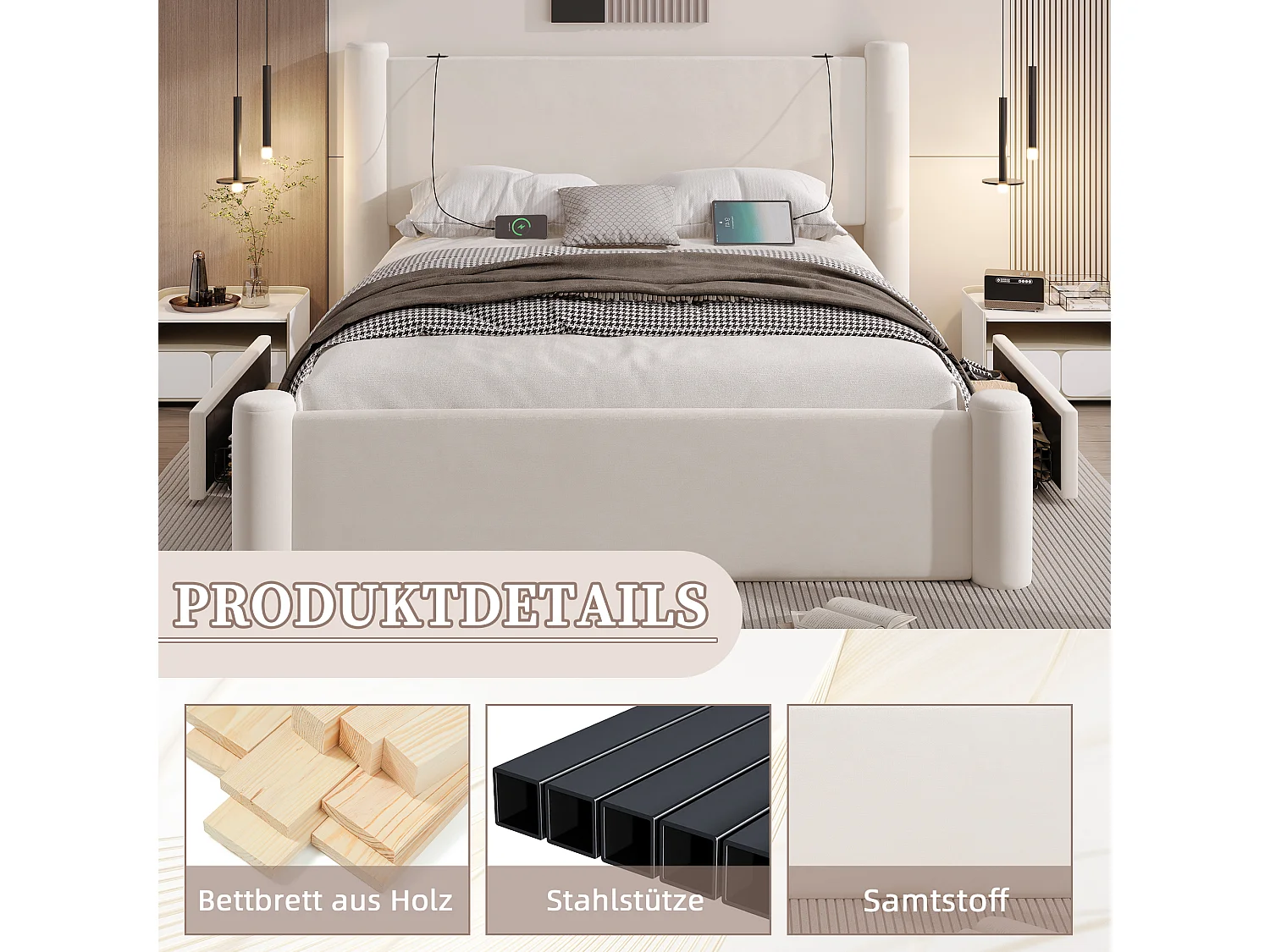 Lit rembourré moderne - 160 x 200 cm - tête de lit épaissé + 2 tiroirs + ports USB - velours - beige