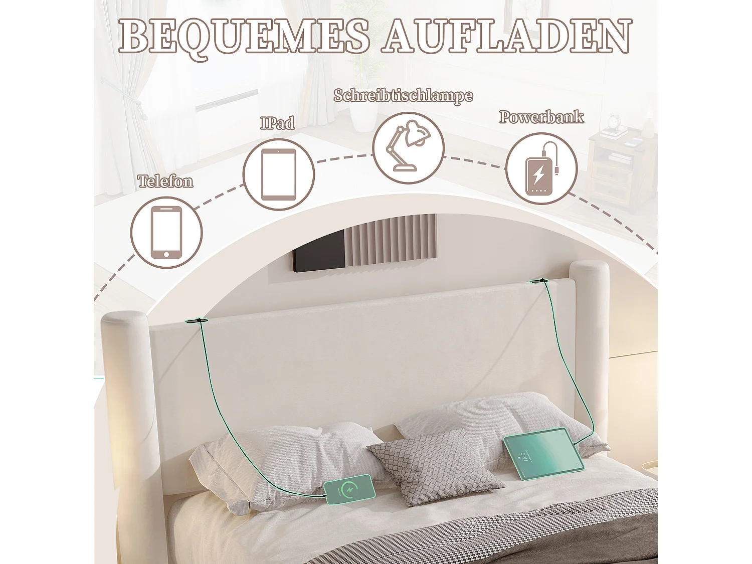 Lit rembourré moderne - 160 x 200 cm - tête de lit épaissé + 2 tiroirs + ports USB - velours - beige