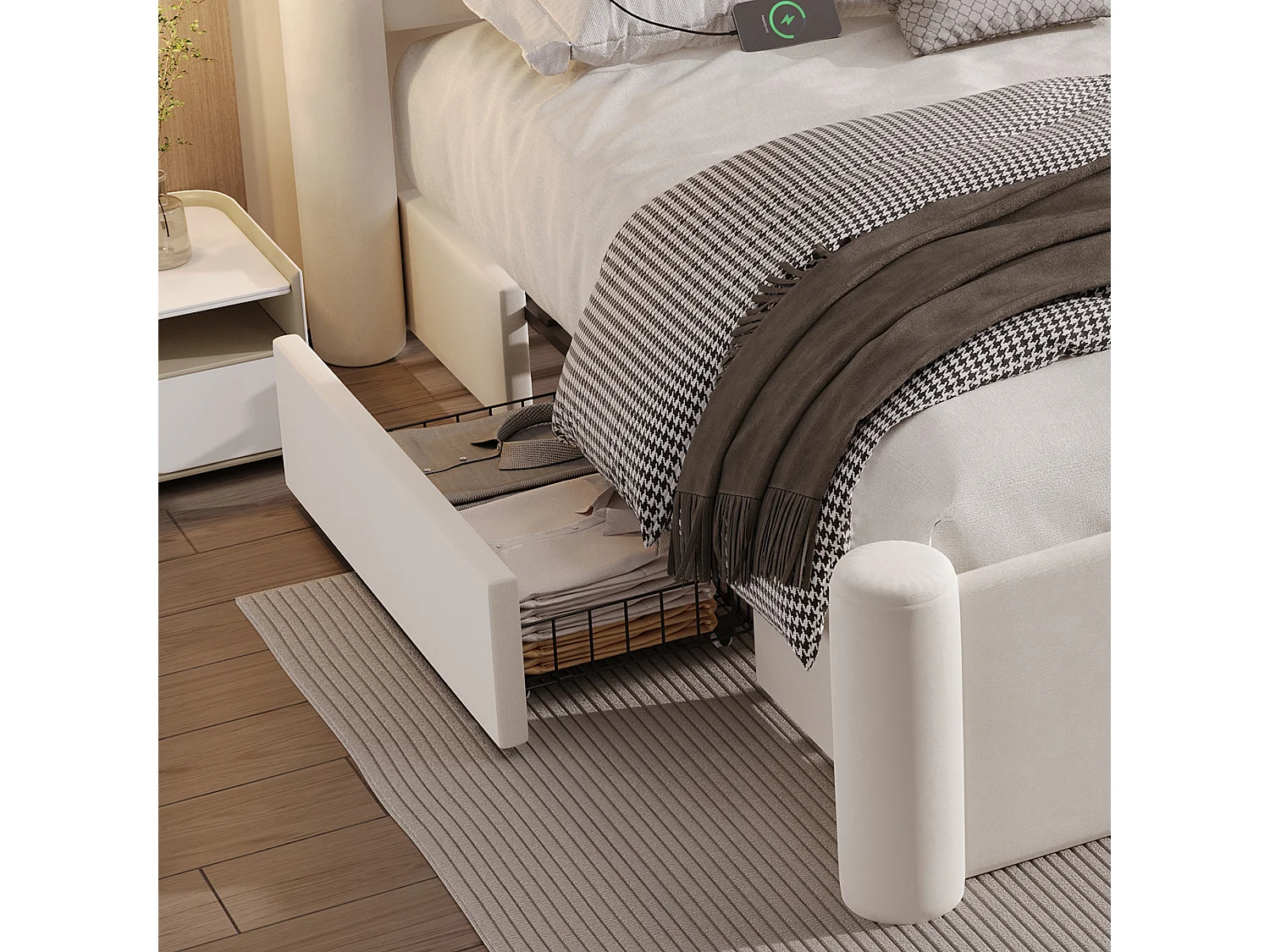 Lit rembourré moderne - 160 x 200 cm - tête de lit épaissé + 2 tiroirs + ports USB - velours - beige