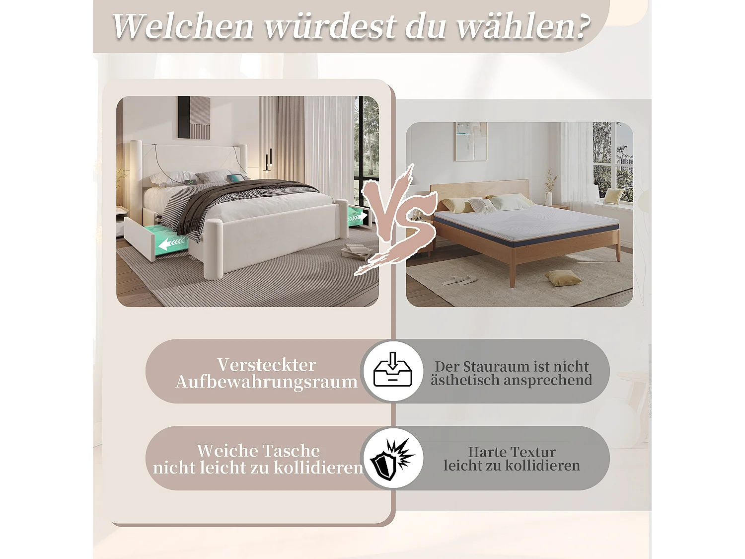 Lit rembourré moderne - 160 x 200 cm - tête de lit épaissé + 2 tiroirs + ports USB - velours - beige