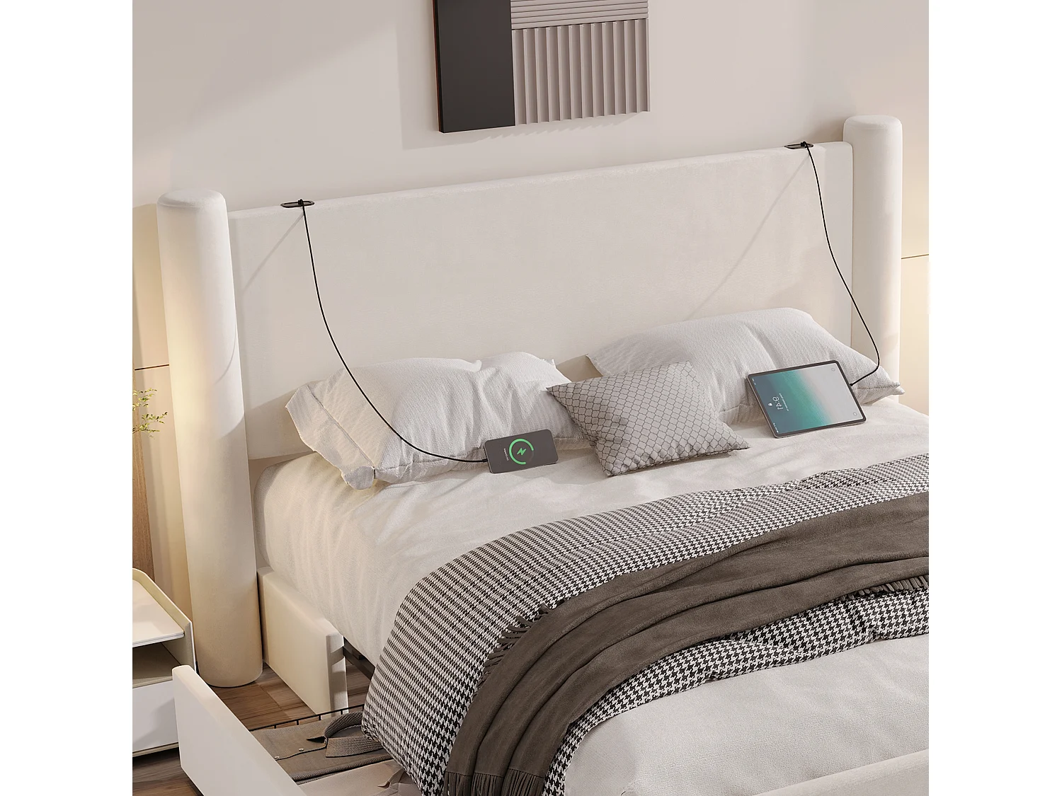 Lit rembourré moderne - 160 x 200 cm - tête de lit épaissé + 2 tiroirs + ports USB - velours - beige