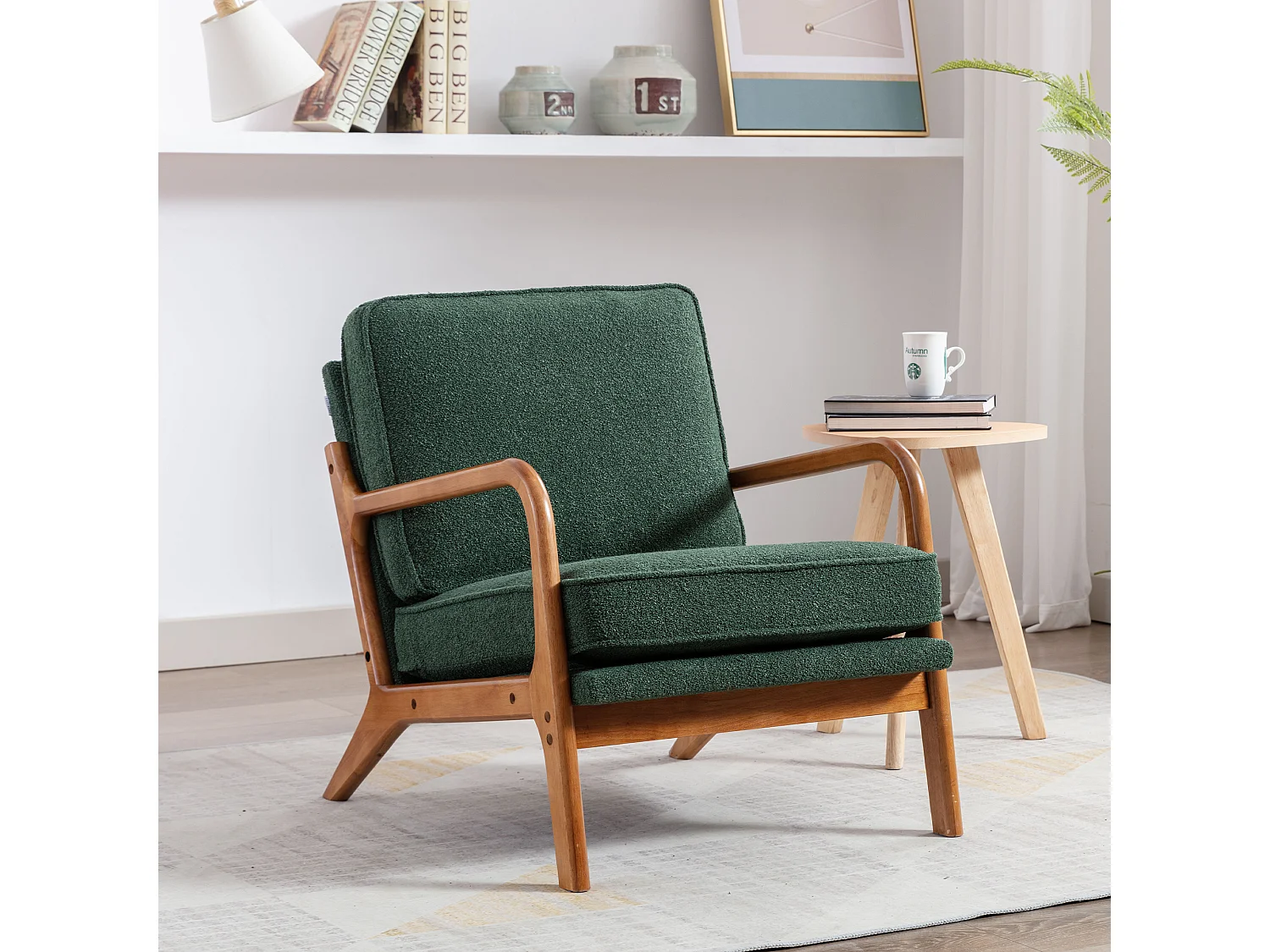 Sillón con estructura de madera - 65 x 80 x 76 cm - Sillón moderno para salón - Chenilla - Verde