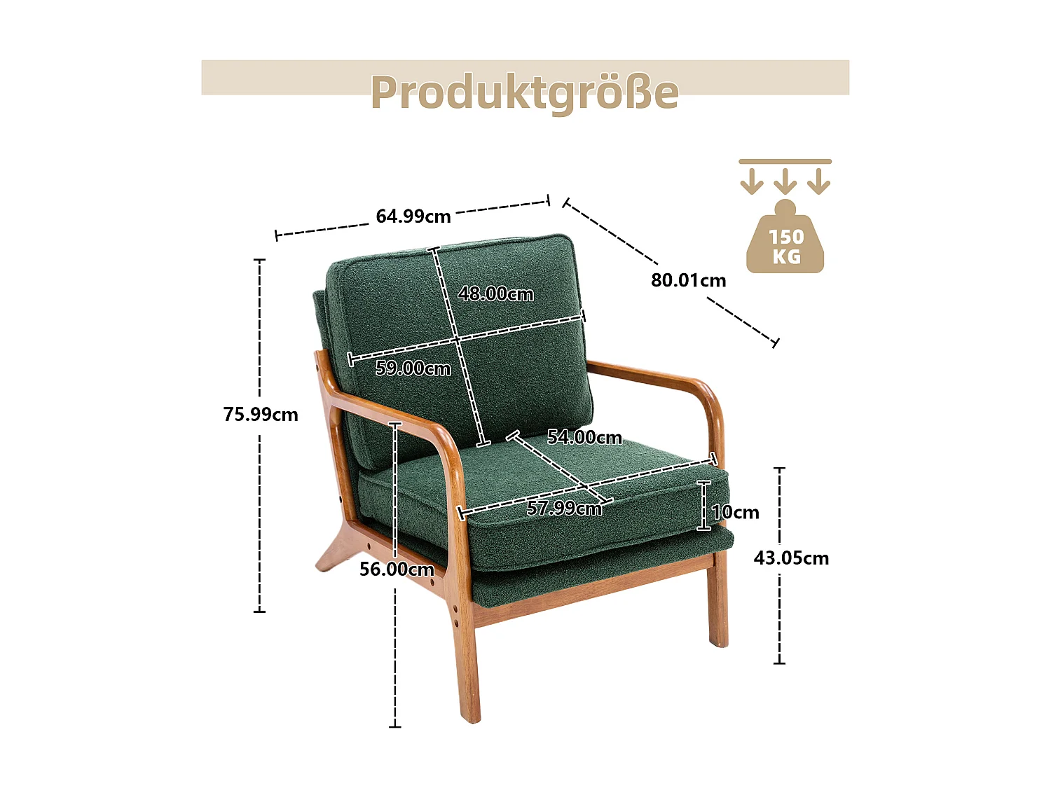 Sillón con estructura de madera - 65 x 80 x 76 cm - Sillón moderno para salón - Chenilla - Verde