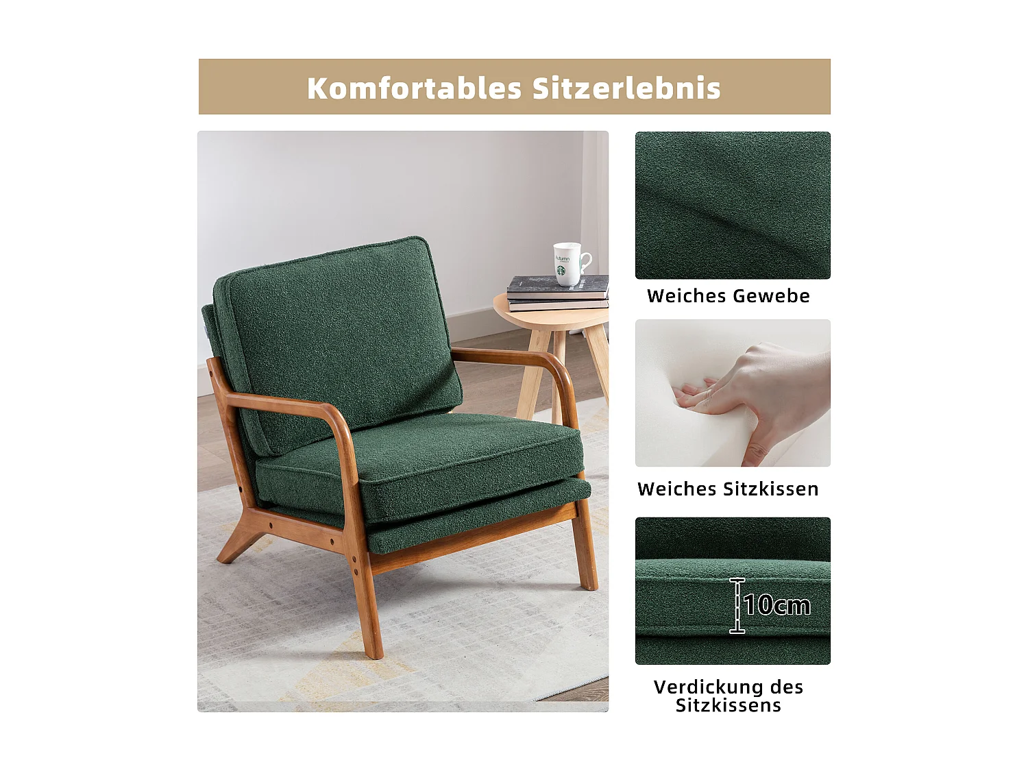 Sillón con estructura de madera - 65 x 80 x 76 cm - Sillón moderno para salón - Chenilla - Verde