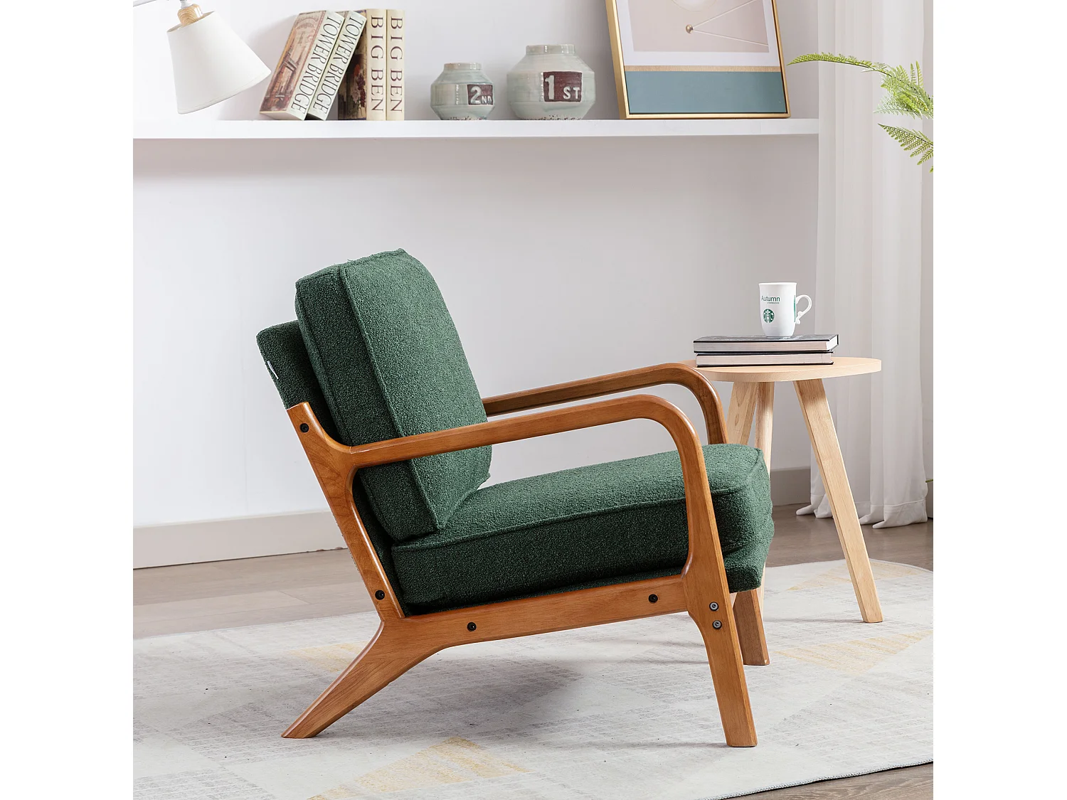 Sillón con estructura de madera - 65 x 80 x 76 cm - Sillón moderno para salón - Chenilla - Verde