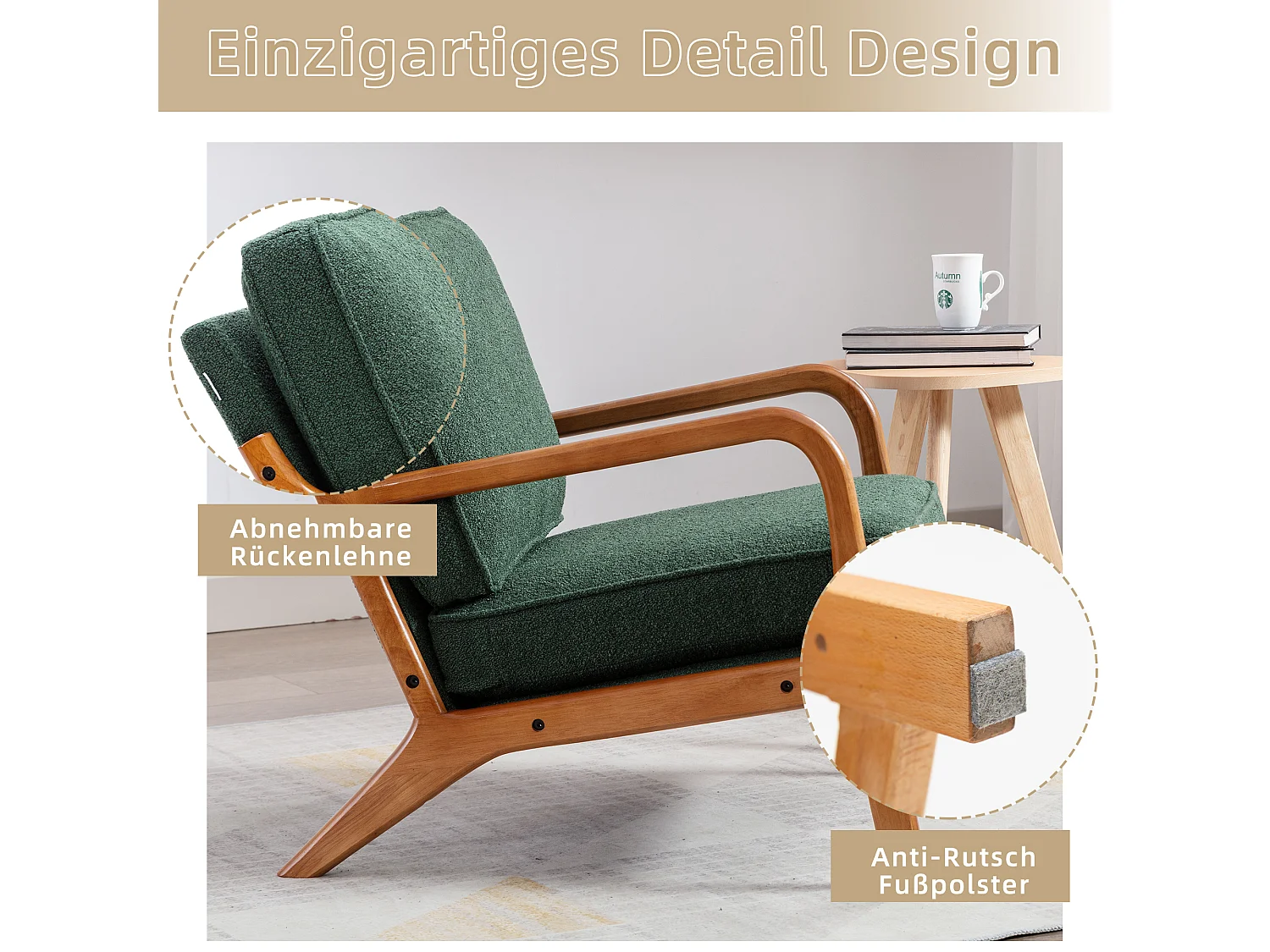 Sillón con estructura de madera - 65 x 80 x 76 cm - Sillón moderno para salón - Chenilla - Verde