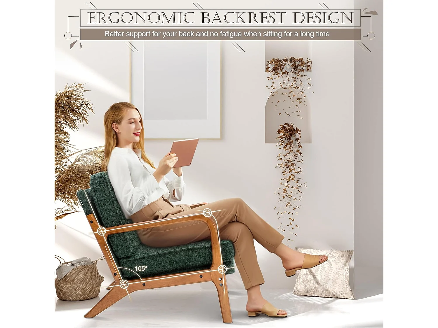 Sillón con estructura de madera - 65 x 80 x 76 cm - Sillón moderno para salón - Chenilla - Verde