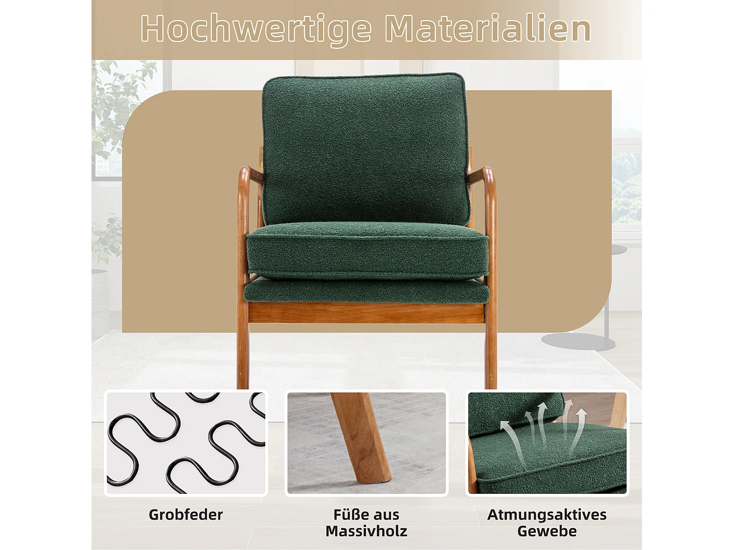 Sillón con estructura de madera - 65 x 80 x 76 cm - Sillón moderno para salón - Chenilla - Verde