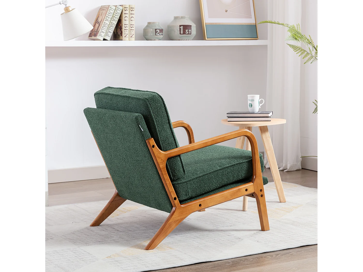 Sillón con estructura de madera - 65 x 80 x 76 cm - Sillón moderno para salón - Chenilla - Verde