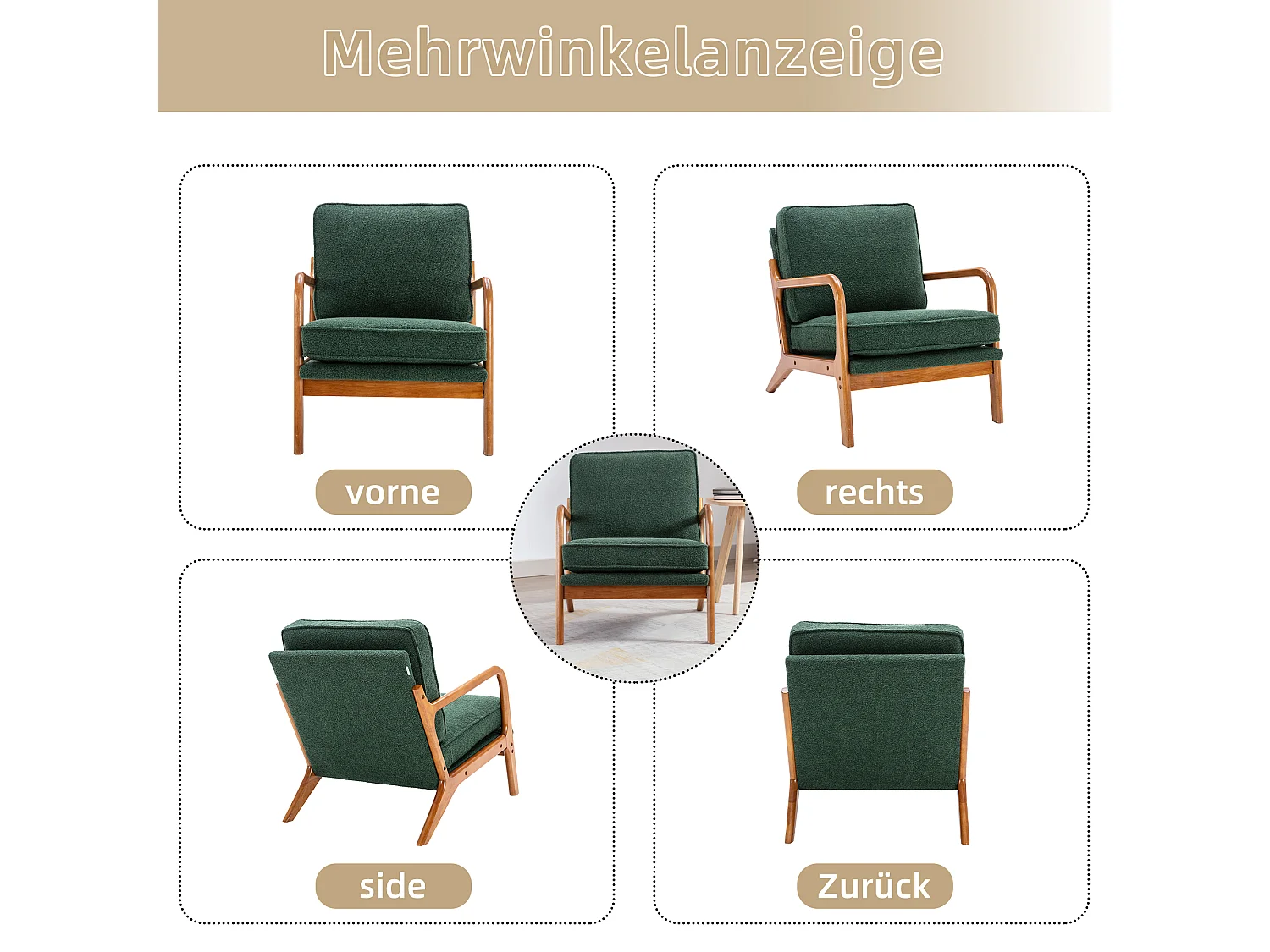Sillón con estructura de madera - 65 x 80 x 76 cm - Sillón moderno para salón - Chenilla - Verde