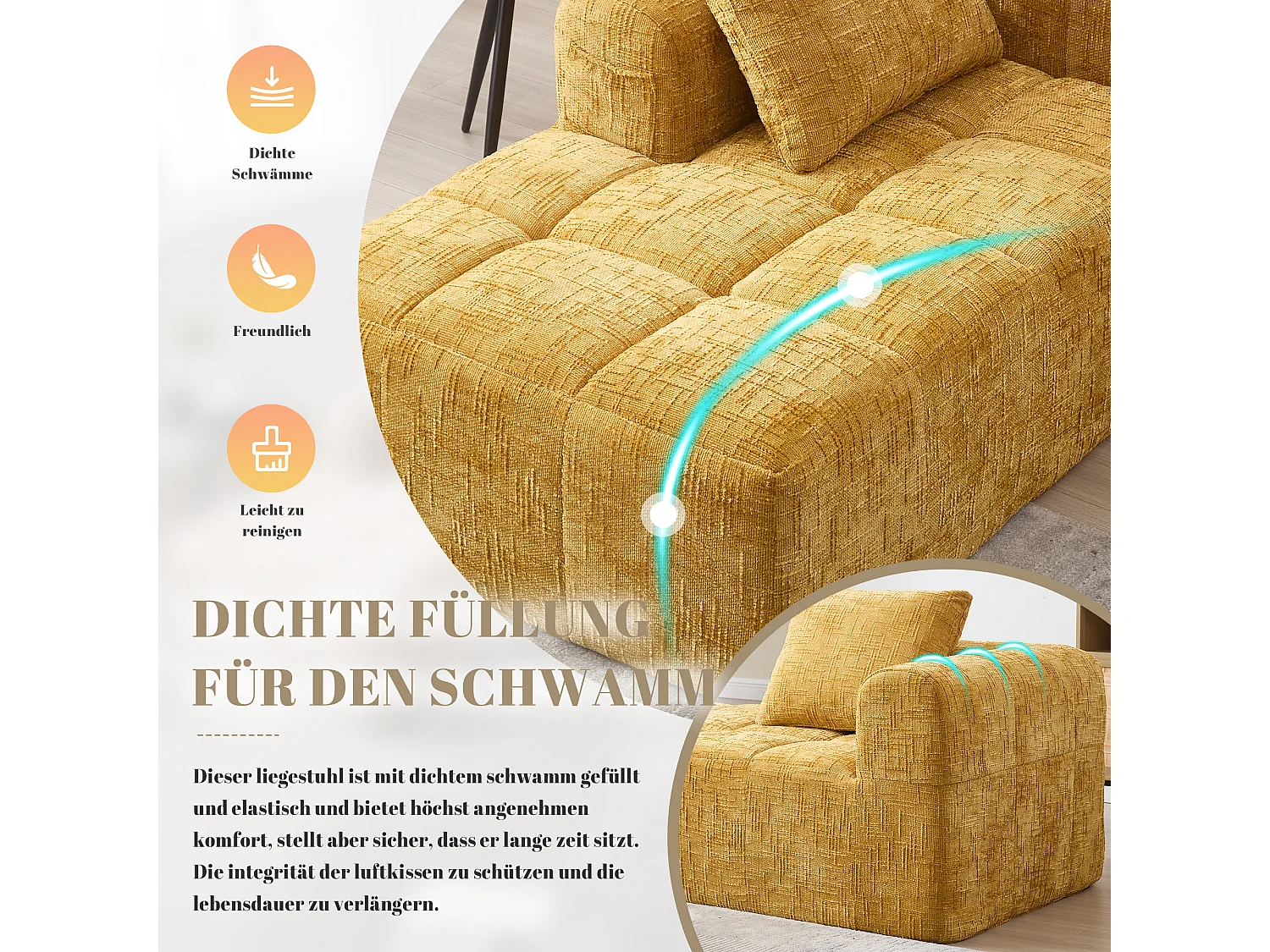 Bequemes Chaiselongue-Sofa – 158 x 90 x 60 cm – einfacher Aufbau – mit Kissen und Taschen – Samt – gelb