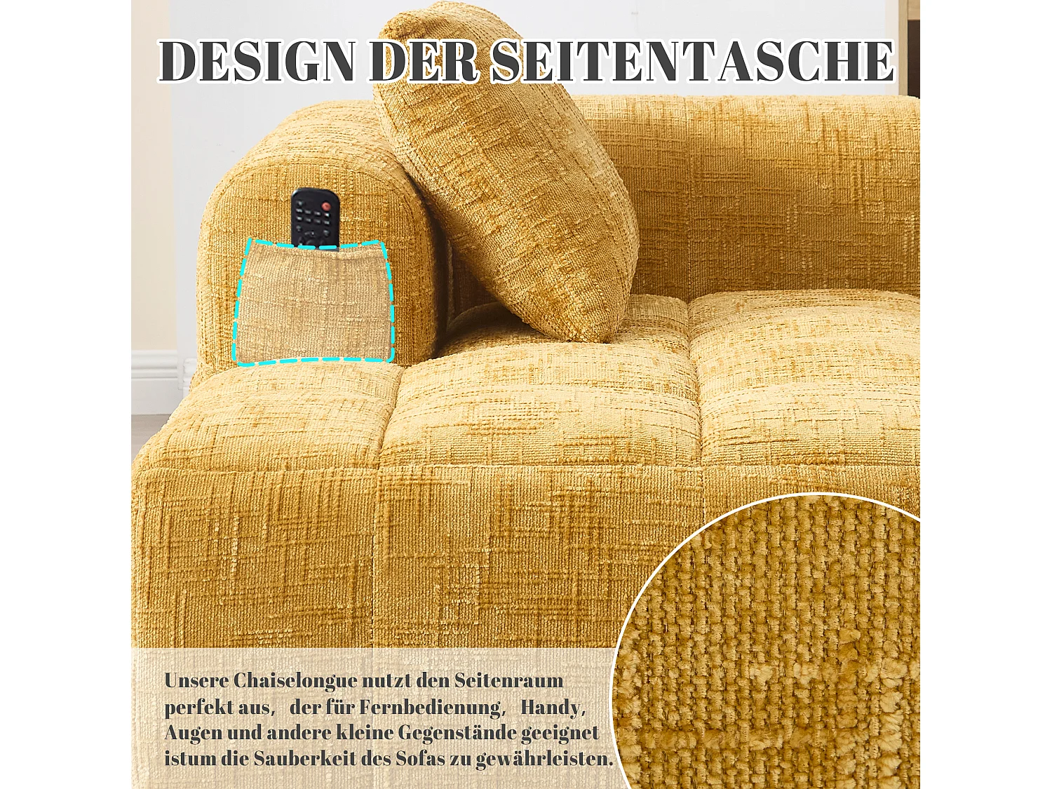 Bequemes Chaiselongue-Sofa – 158 x 90 x 60 cm – einfacher Aufbau – mit Kissen und Taschen – Samt – gelb