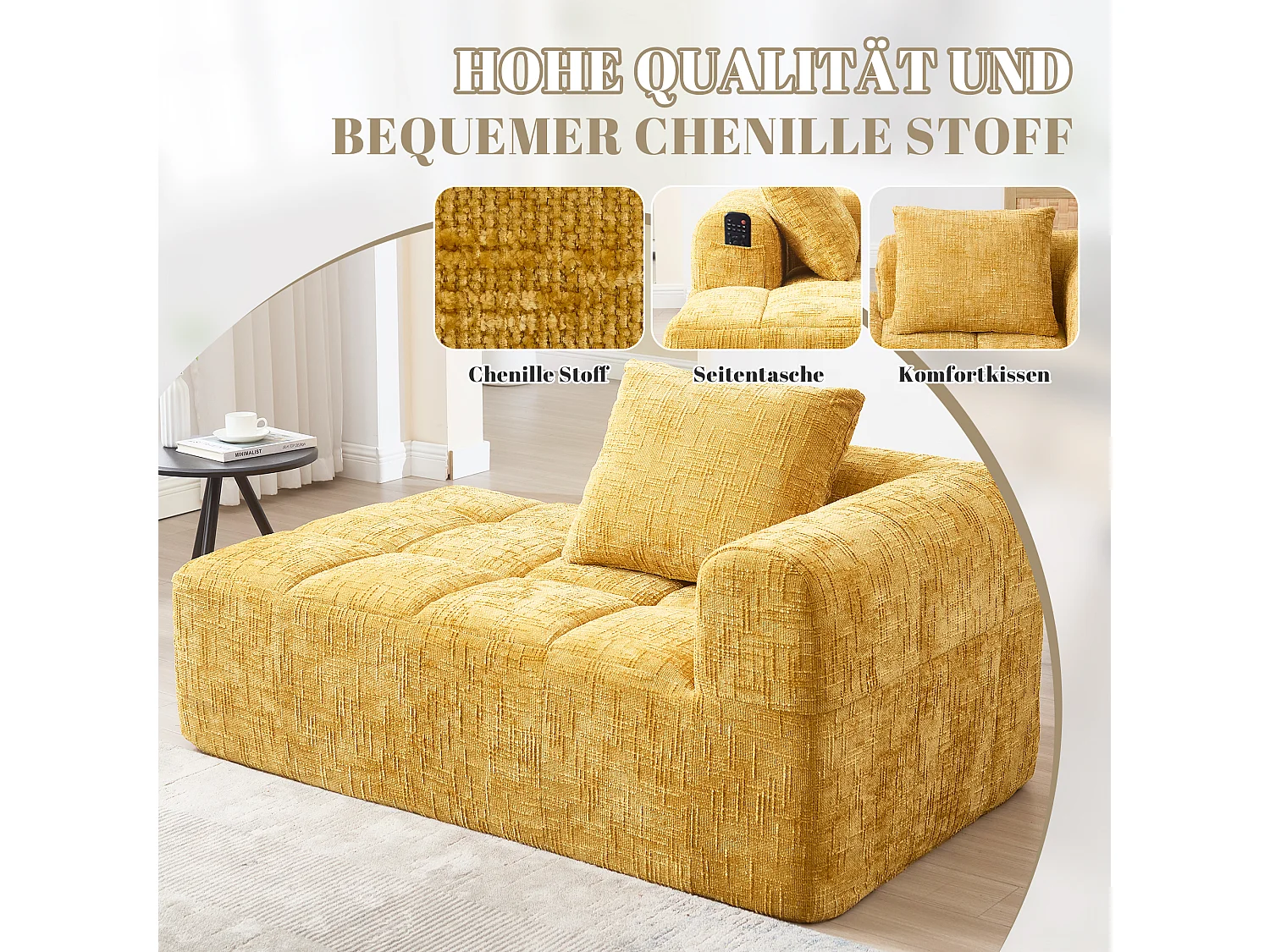 Bequemes Chaiselongue-Sofa – 158 x 90 x 60 cm – einfacher Aufbau – mit Kissen und Taschen – Samt – gelb