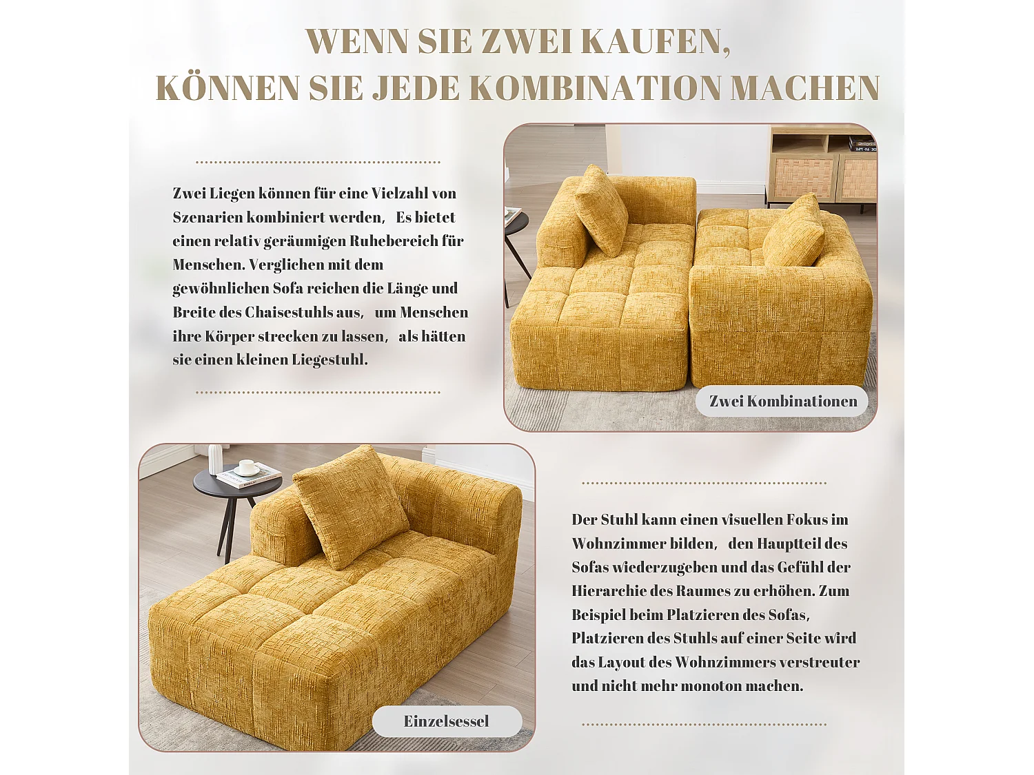 Bequemes Chaiselongue-Sofa – 158 x 90 x 60 cm – einfacher Aufbau – mit Kissen und Taschen – Samt – gelb