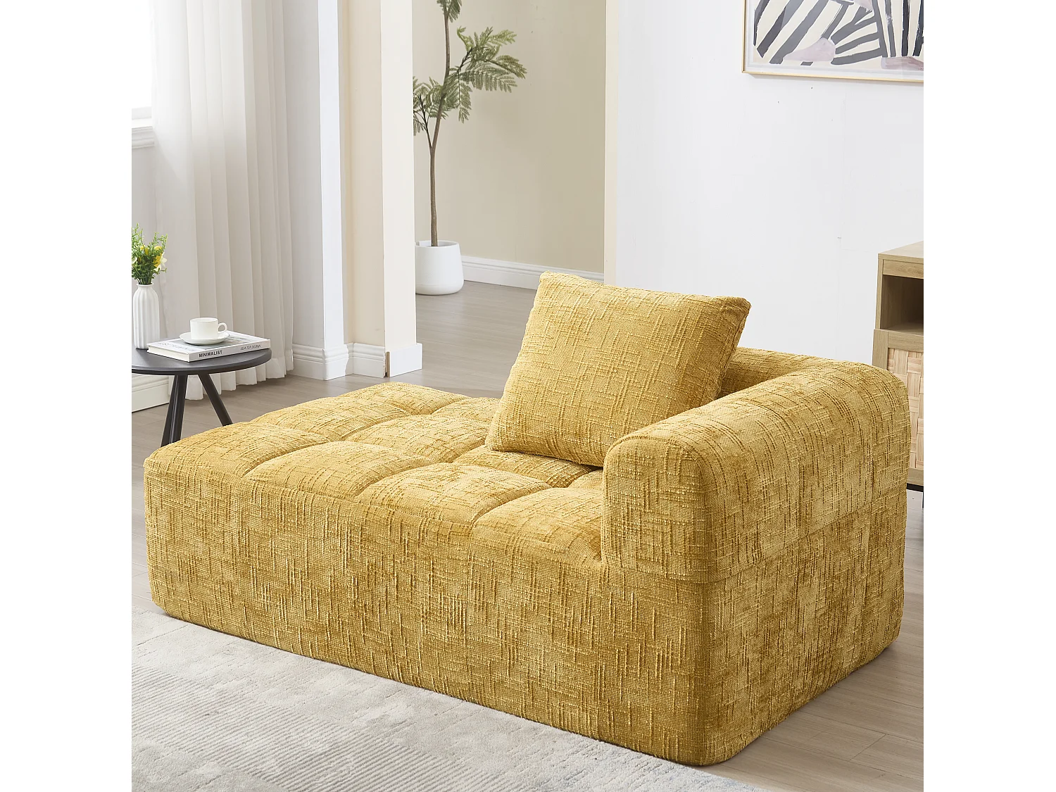 Bequemes Chaiselongue-Sofa – 158 x 90 x 60 cm – einfacher Aufbau – mit Kissen und Taschen – Samt – gelb
