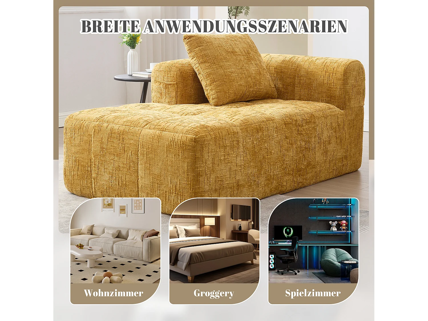Bequemes Chaiselongue-Sofa – 158 x 90 x 60 cm – einfacher Aufbau – mit Kissen und Taschen – Samt – gelb