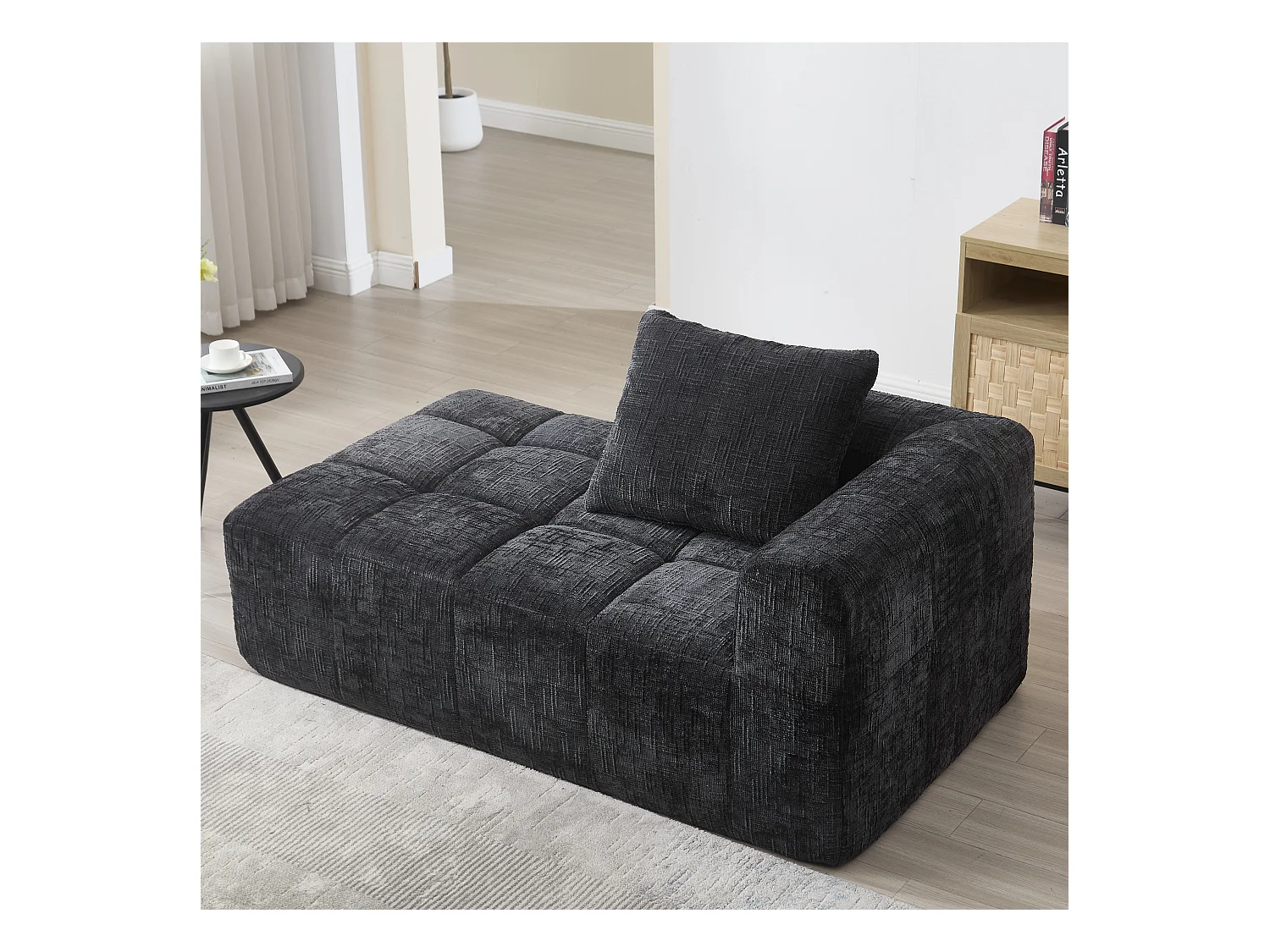 Wygodna sofa typu leżanka - 158 x 90 x 60 cm - łatwa w montażu - z poduszkami i kieszeniami - aksamitna - czarna