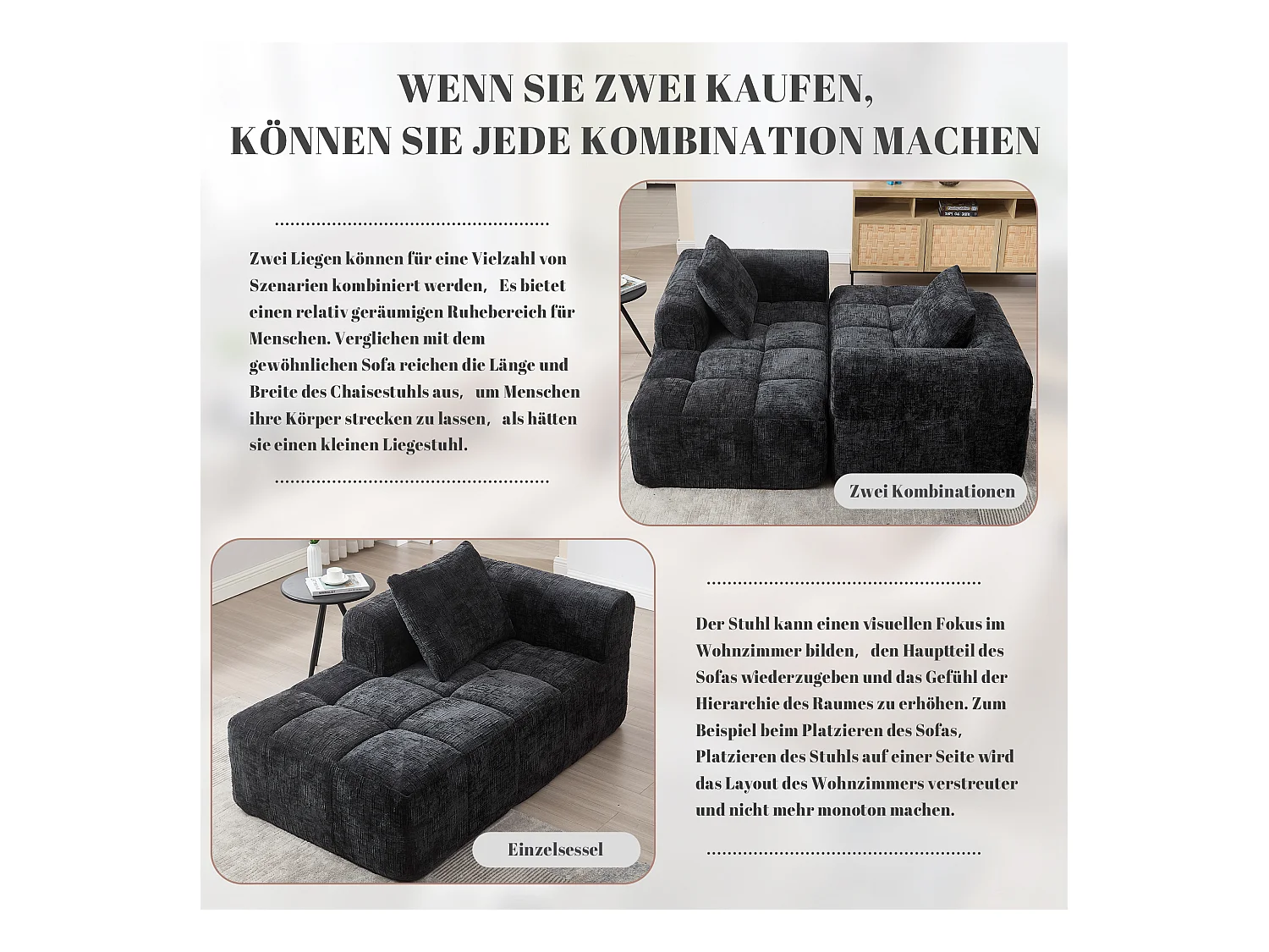Wygodna sofa typu leżanka - 158 x 90 x 60 cm - łatwa w montażu - z poduszkami i kieszeniami - aksamitna - czarna