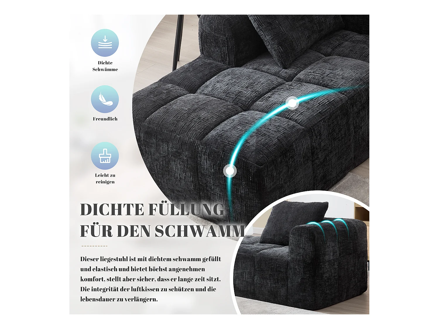 Wygodna sofa typu leżanka - 158 x 90 x 60 cm - łatwa w montażu - z poduszkami i kieszeniami - aksamitna - czarna