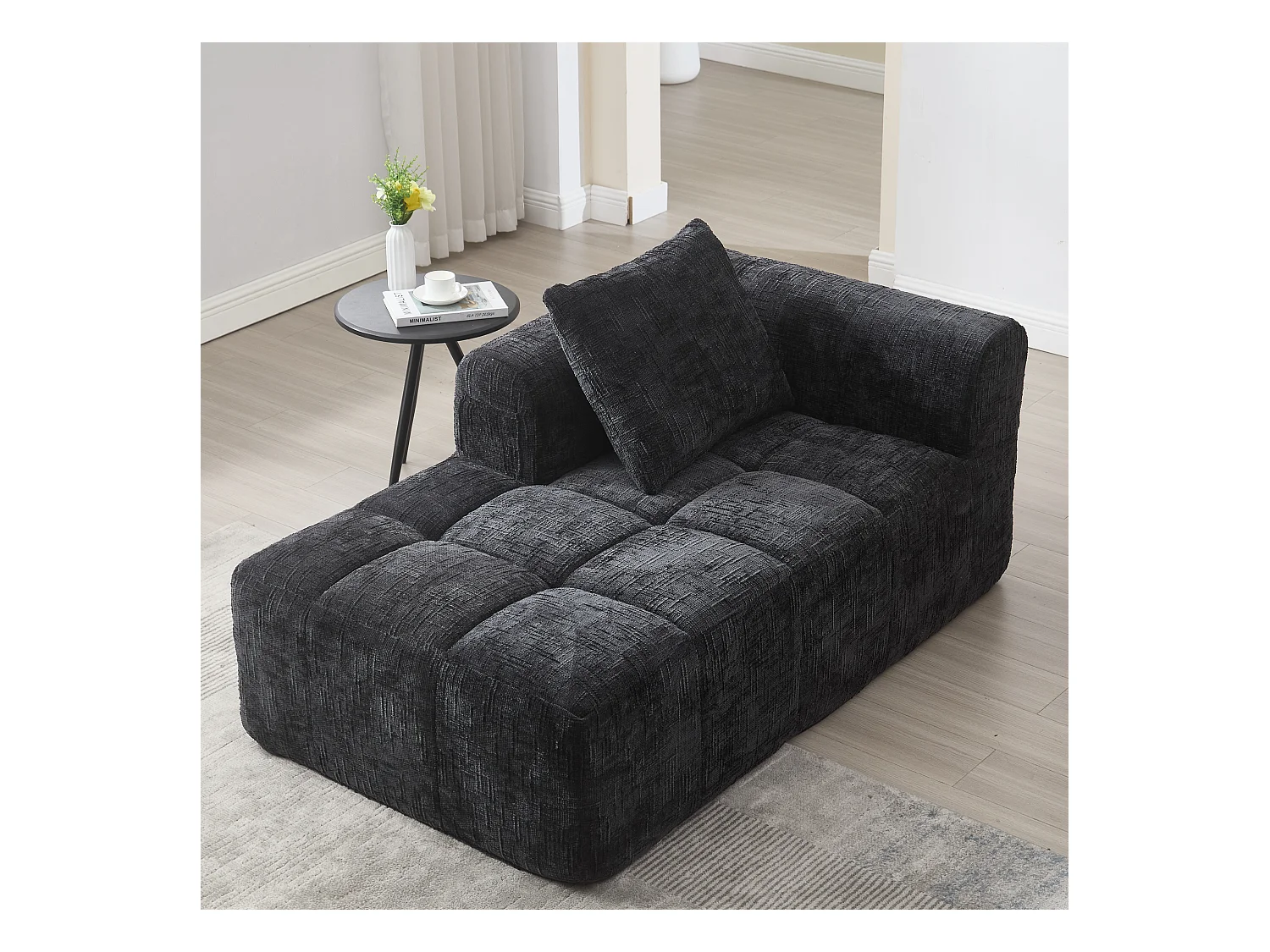 Wygodna sofa typu leżanka - 158 x 90 x 60 cm - łatwa w montażu - z poduszkami i kieszeniami - aksamitna - czarna