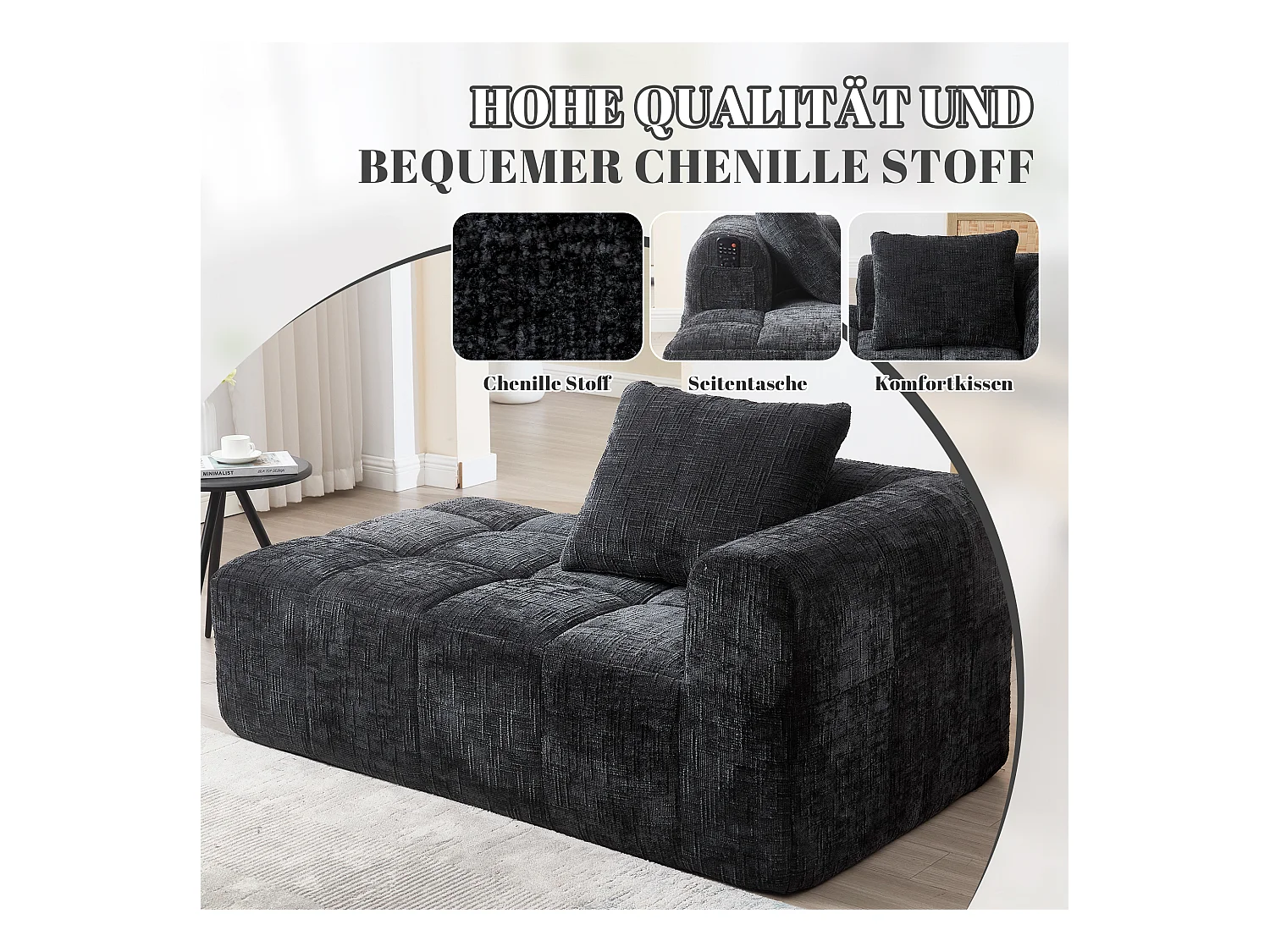 Wygodna sofa typu leżanka - 158 x 90 x 60 cm - łatwa w montażu - z poduszkami i kieszeniami - aksamitna - czarna