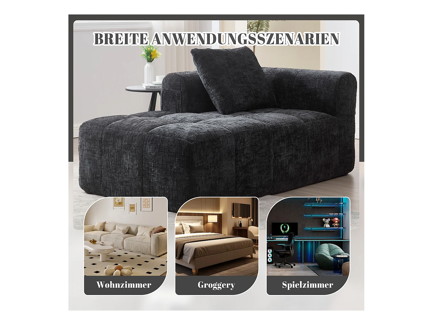 Wygodna sofa typu leżanka - 158 x 90 x 60 cm - łatwa w montażu - z poduszkami i kieszeniami - aksamitna - czarna
