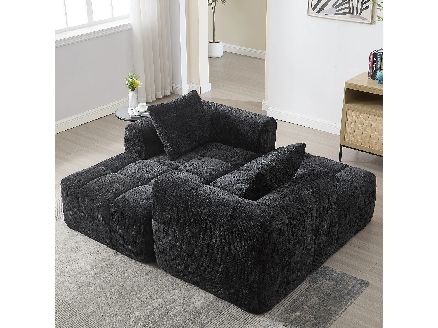 Canapé méridienne confortable - 158 x 90 x 60 cm - facile à monter - avec coussins et poches - velours - noir