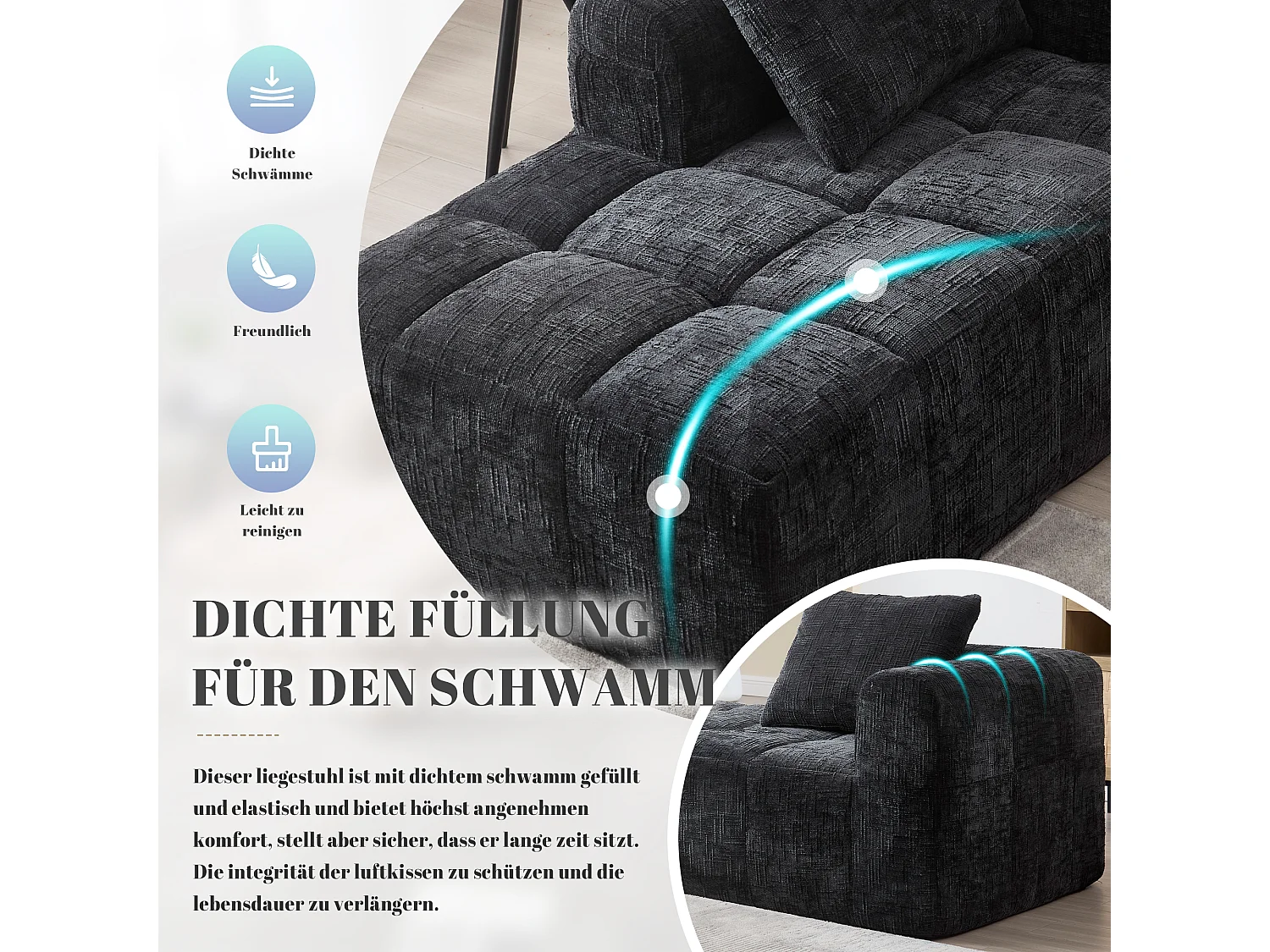 Canapé méridienne confortable - 158 x 90 x 60 cm - facile à monter - avec coussins et poches - velours - noir