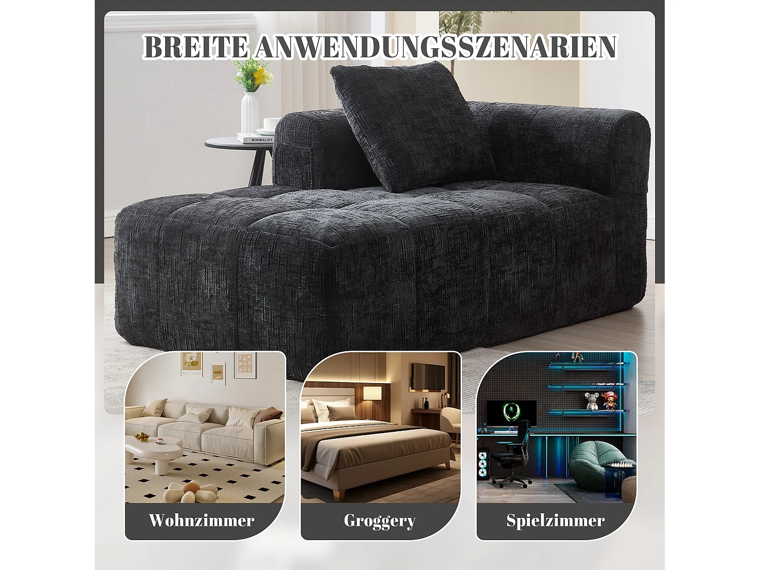 Canapé méridienne confortable - 158 x 90 x 60 cm - facile à monter - avec coussins et poches - velours - noir