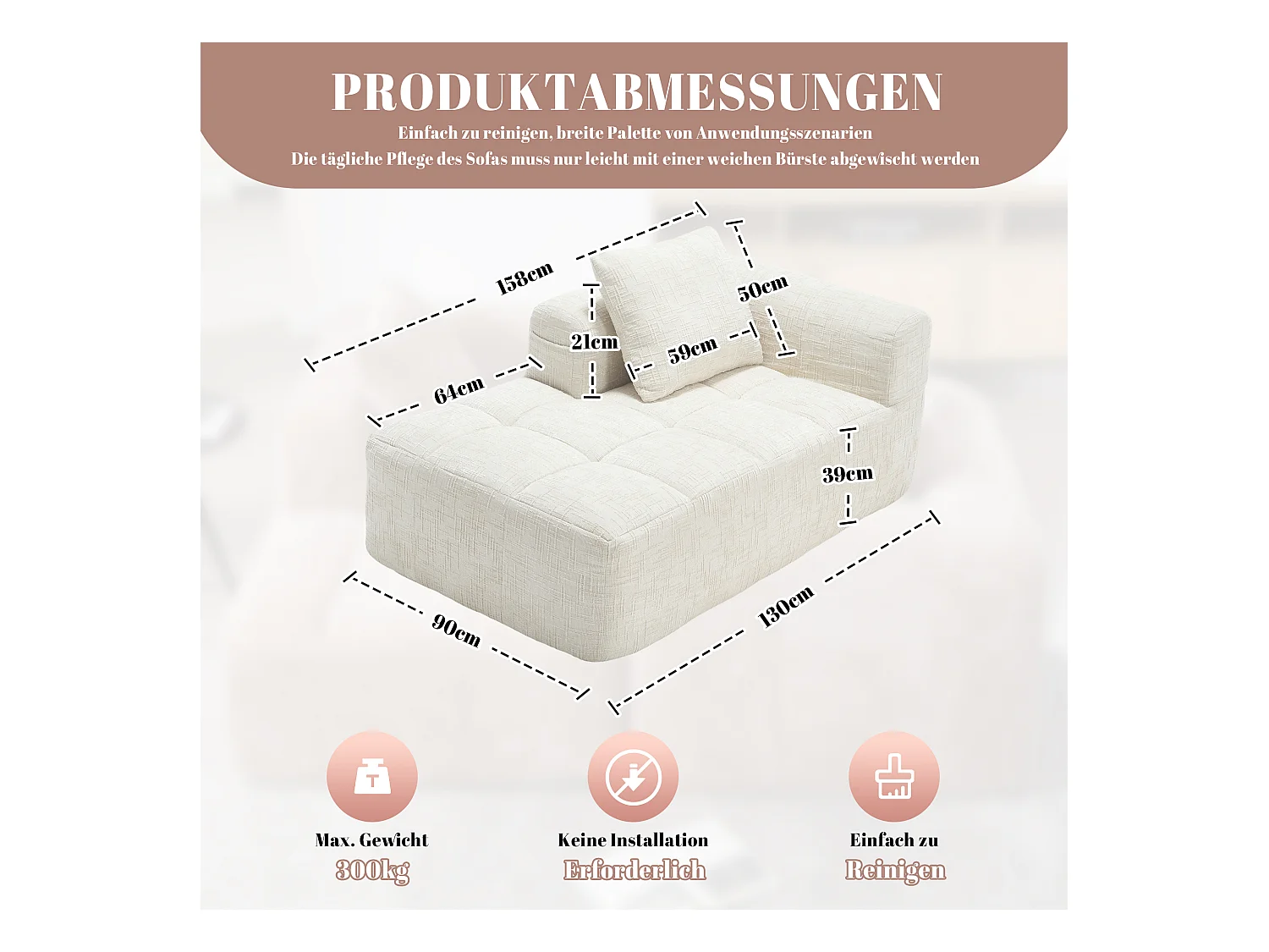 Comodo divano chaise longue - 158 x 90 x 60 cm - facile da montare - con cuscini e tasche - velluto - beige