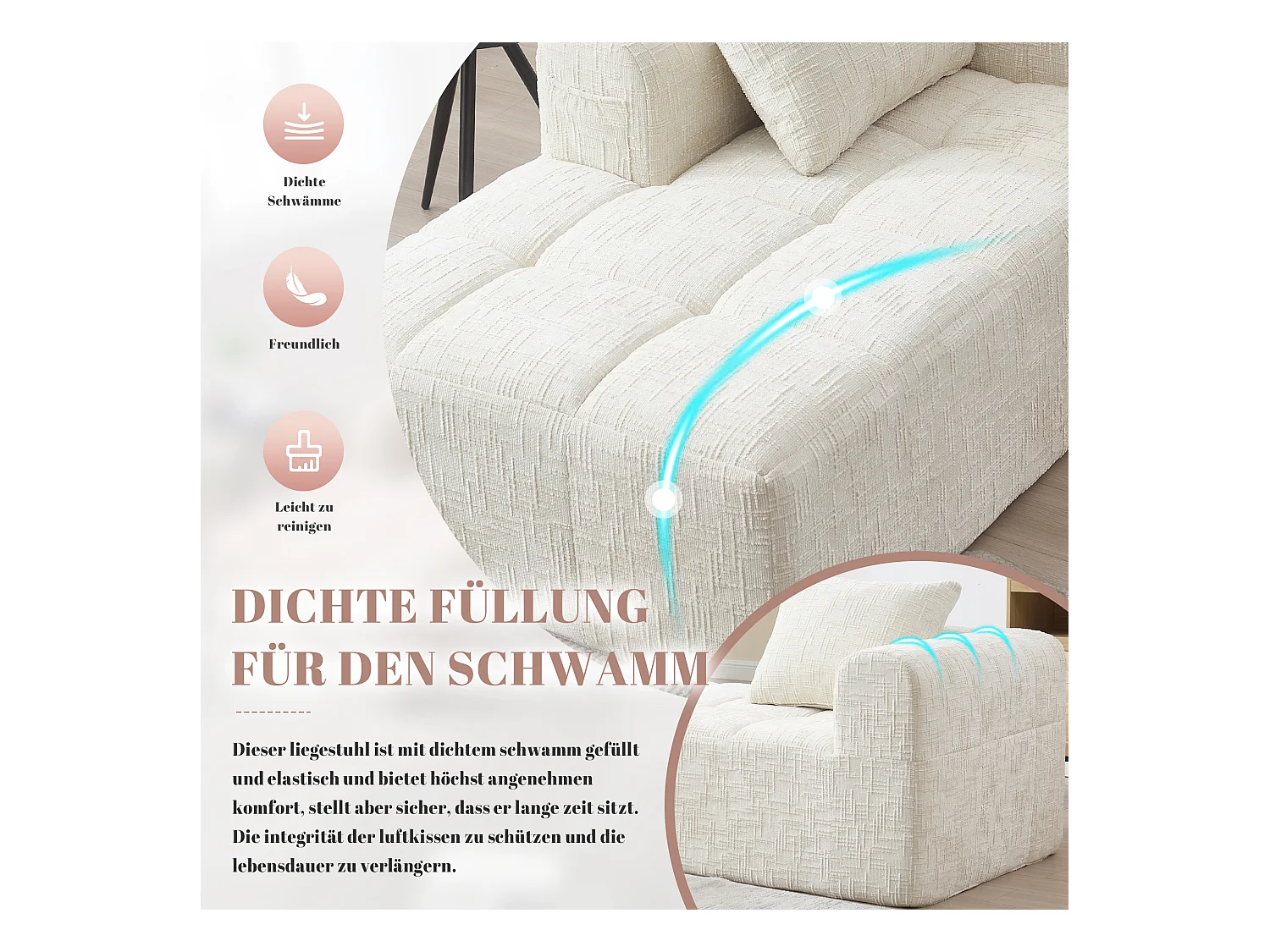 Comodo divano chaise longue - 158 x 90 x 60 cm - facile da montare - con cuscini e tasche - velluto - beige